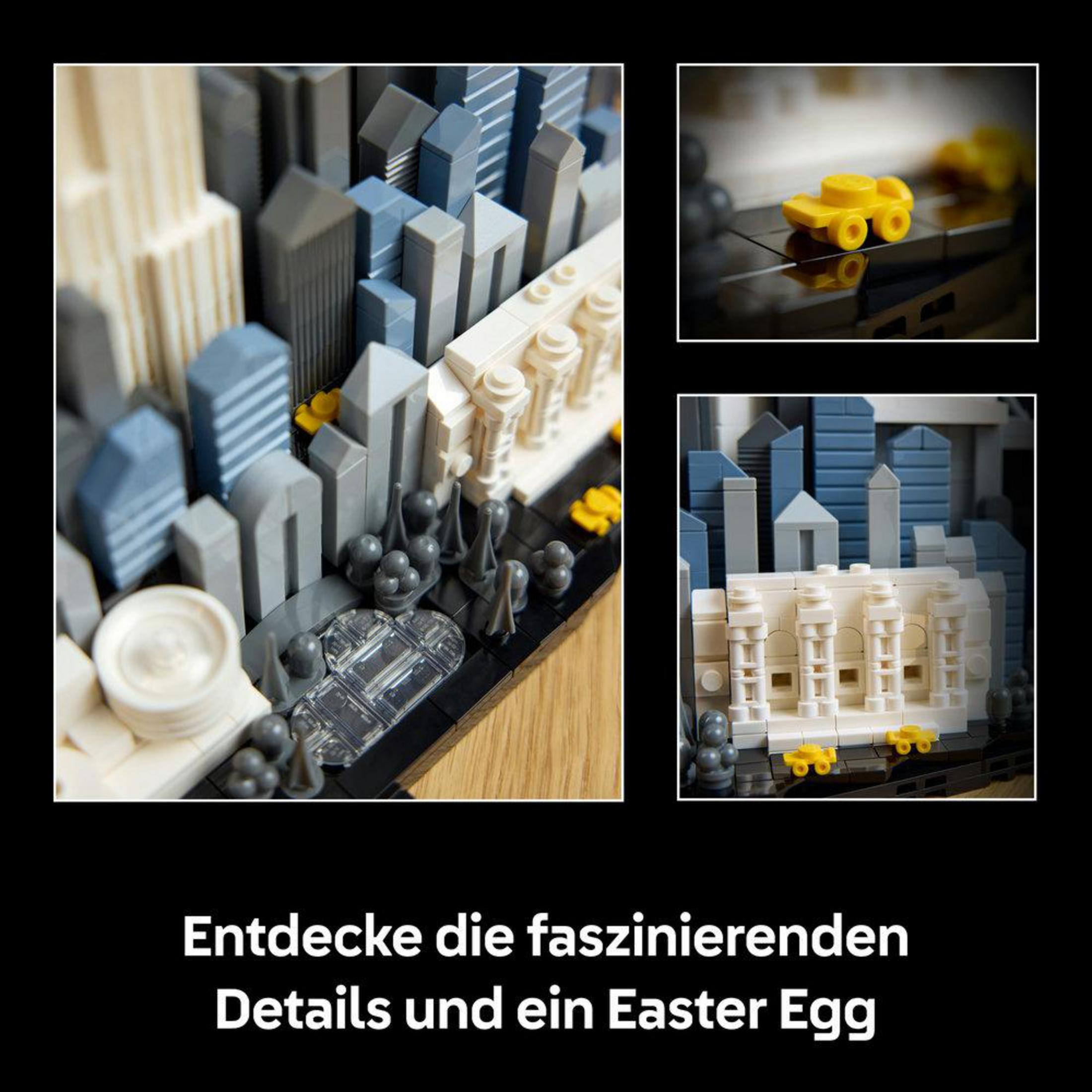 Tres imágenes muestran paisajes urbanos de Lego y un coche amarillo en detalle.