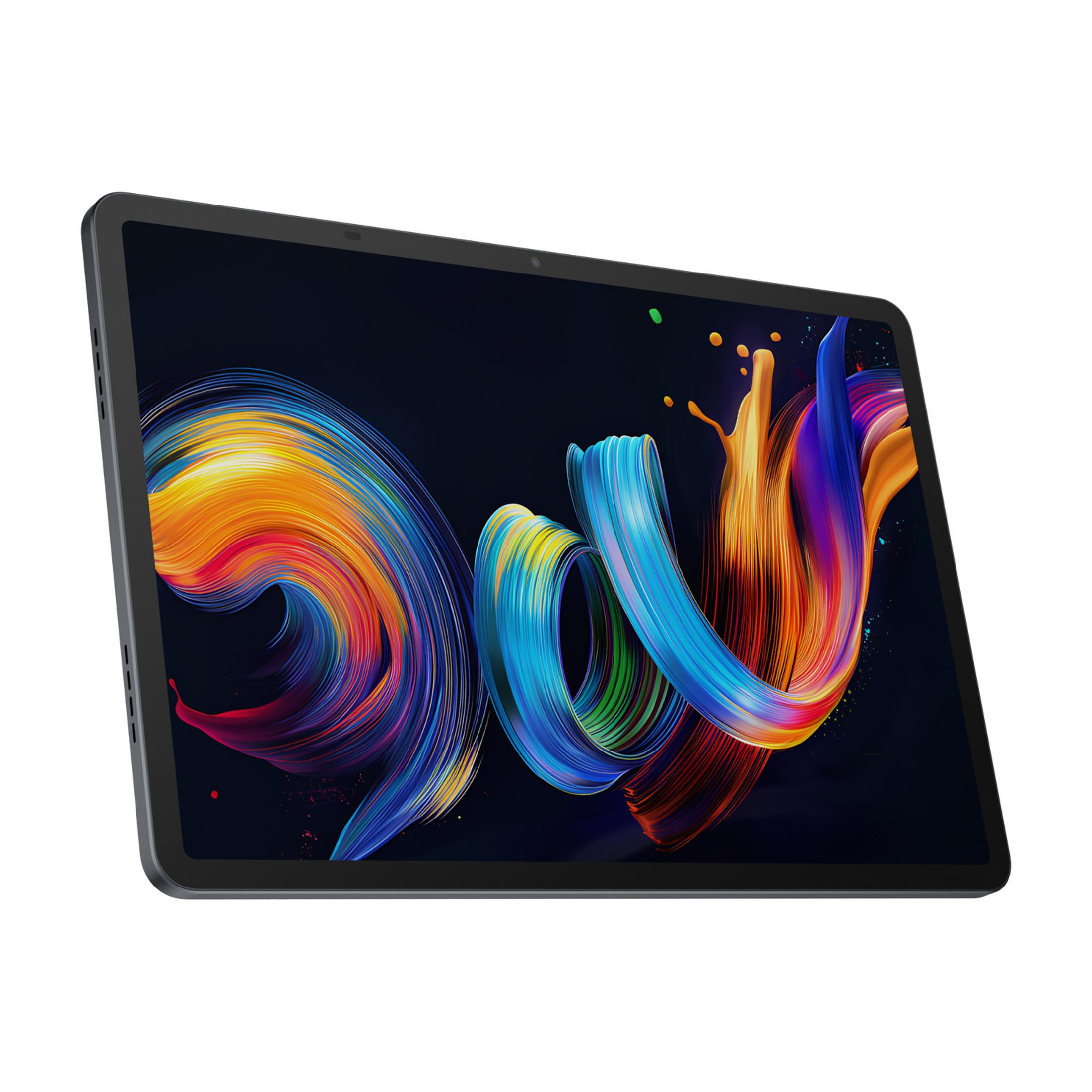 Ciemny tablet wyświetla kolorowy wir farby na ekranie.