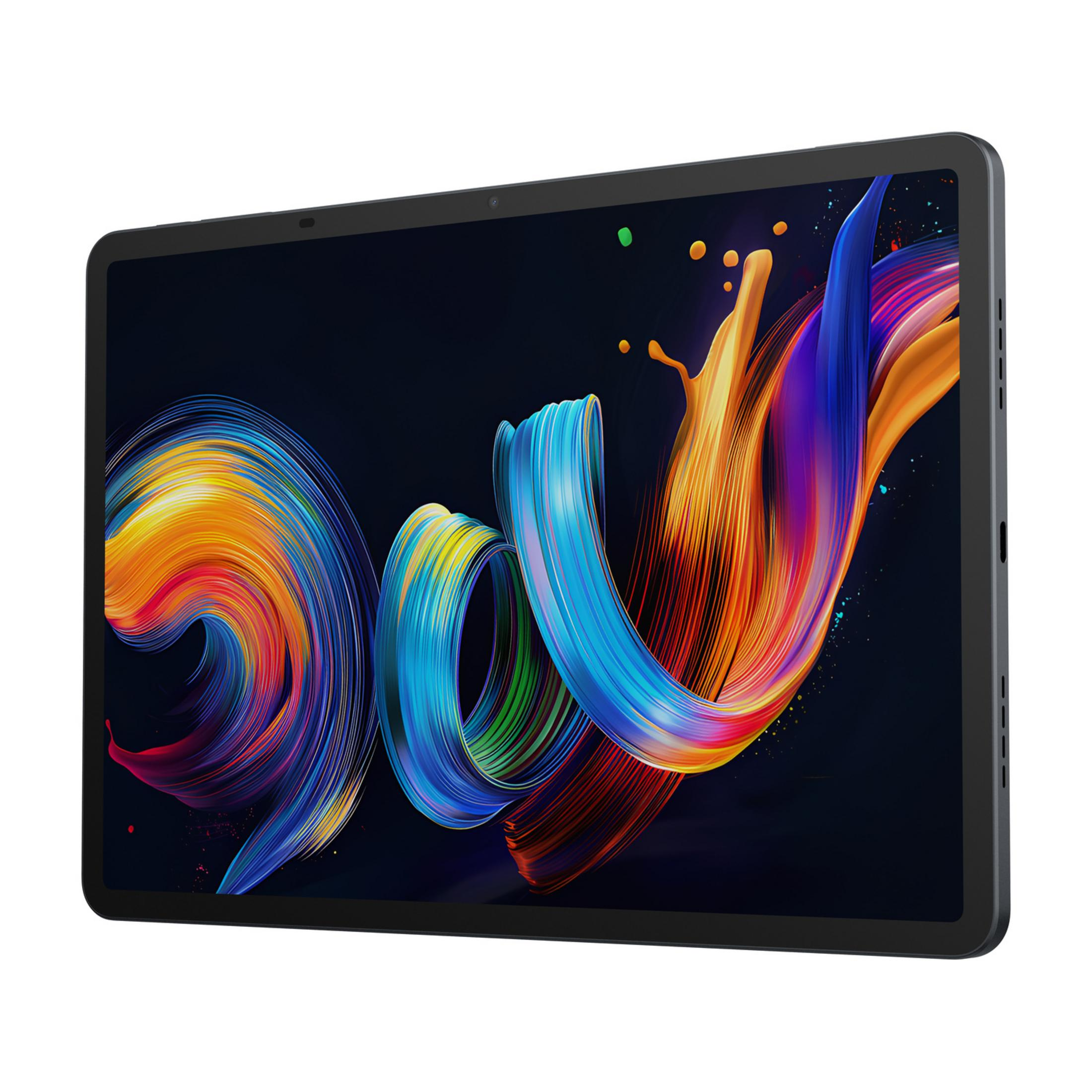 Tablet z żywym, abstrakcyjnym tłem kolorowych wirów.