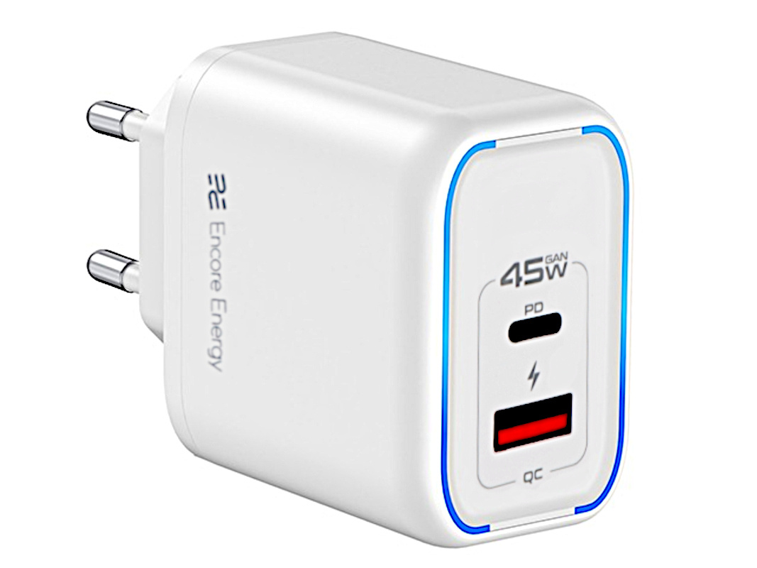 Biała ładowarka 45W GAN PD i QC z dwoma portami USB i niebieskimi akcentami.