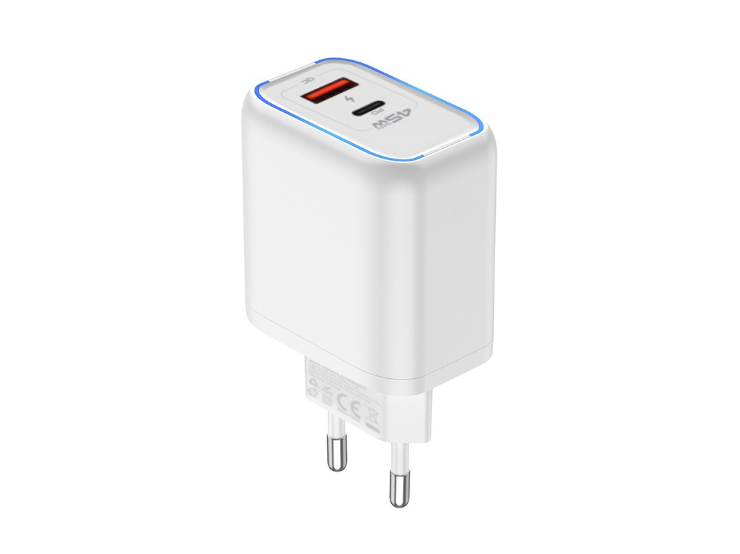 Biała ładowarka USB-C PD 45W z niebieskim paskiem i dwoma portami. Jeden port jest czerwony.