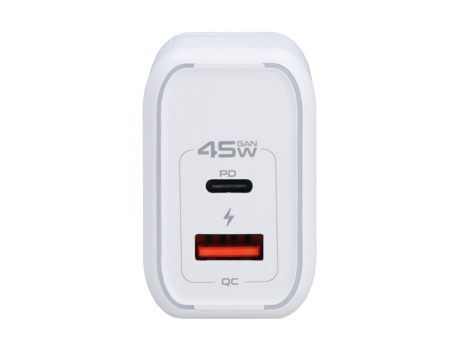 Biała ładowarka 45W GaN PD QC z jednym portem USB-C i jednym USB-A.
