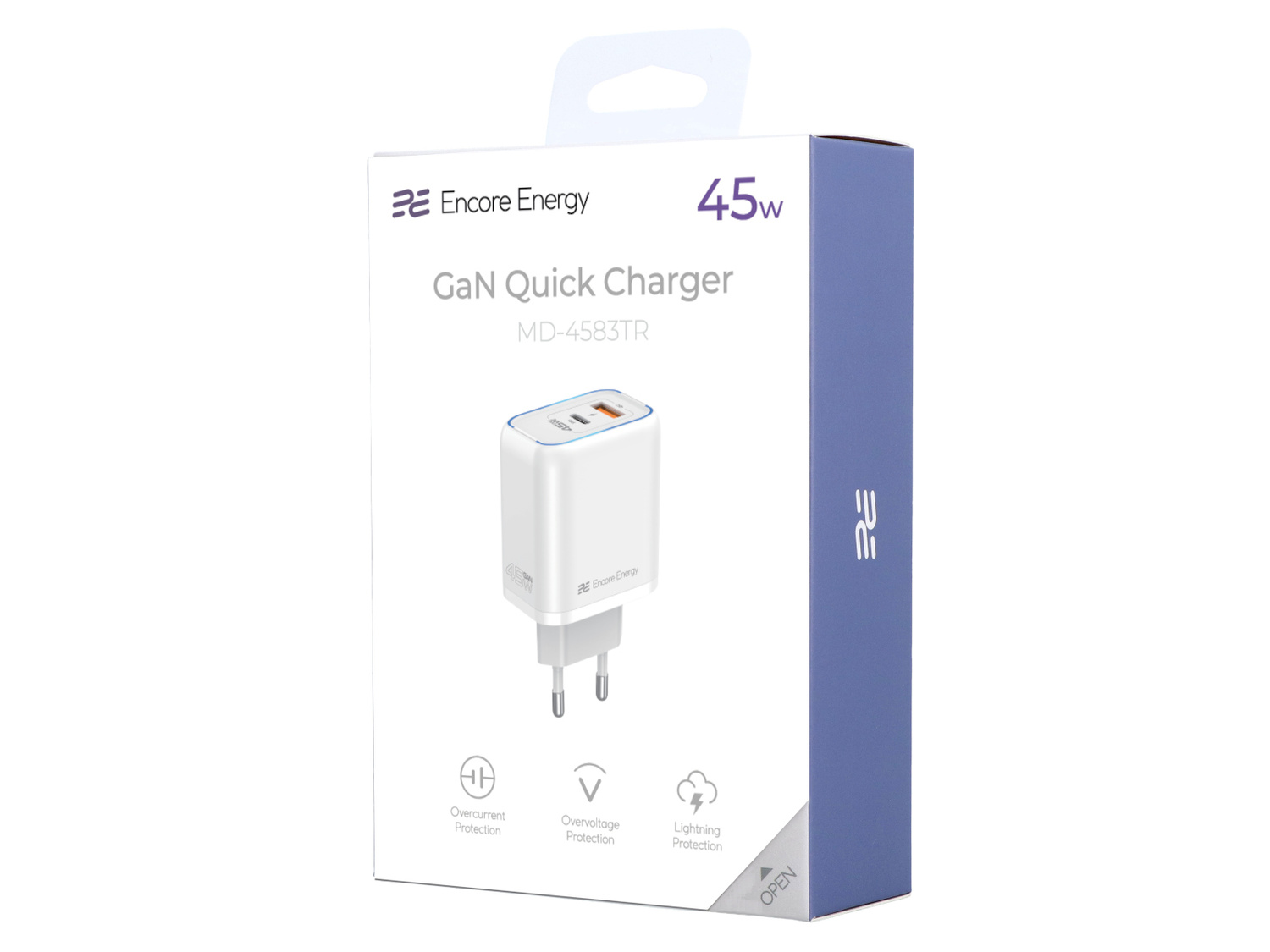 Opakowanie białej ładowarki szybkiej GaN 45W Encore Energy z dwoma portami USB-C.