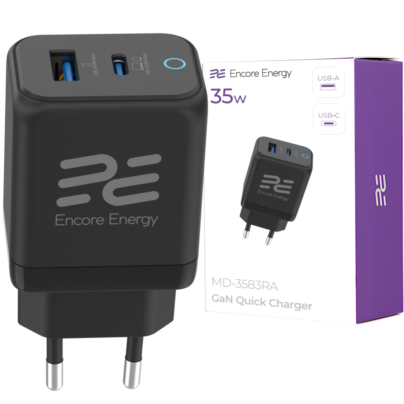 Czarna ładowarka GaN 35W z dwoma portami USB i opakowaniem.
