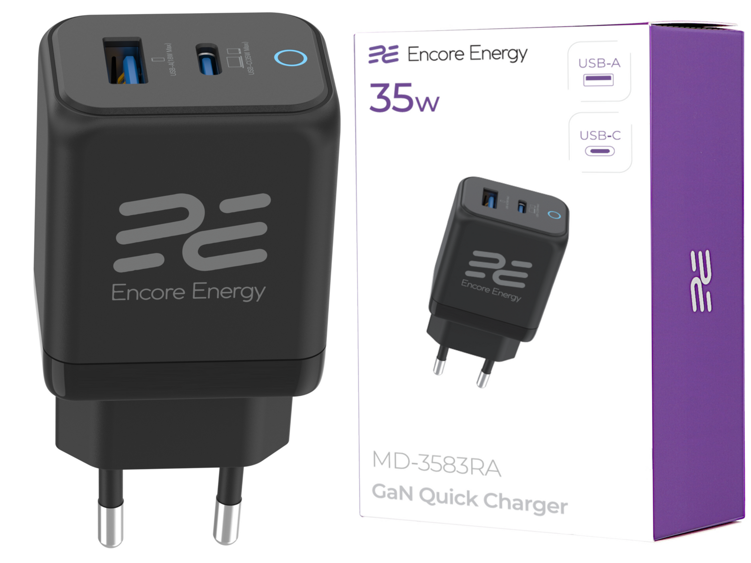Czarna ładowarka z dwoma portami USB i opakowaniem. 35W GaN.