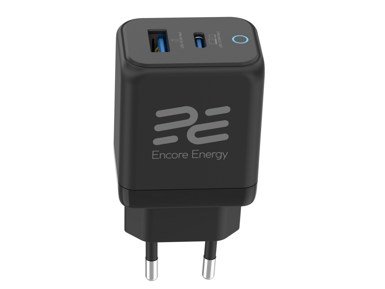 Czarna ładowarka USB z dwoma portami i logo Encore Energy.
