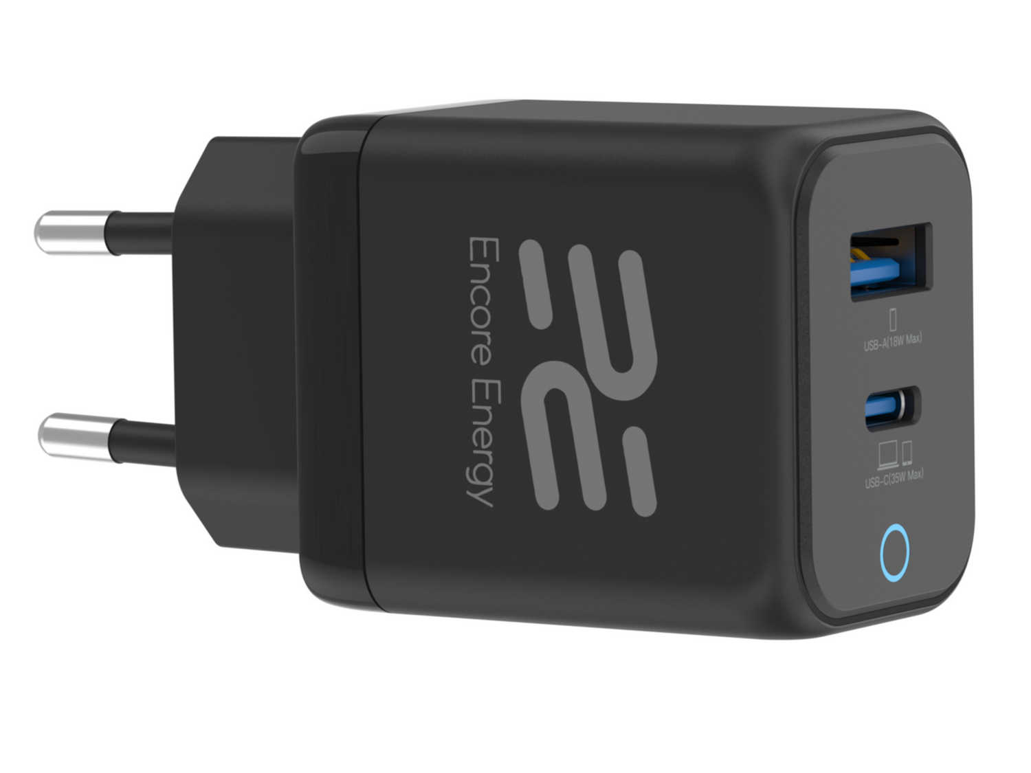 Czarna ładowarka ścienna USB z dwoma portami i wtyczką europejską.