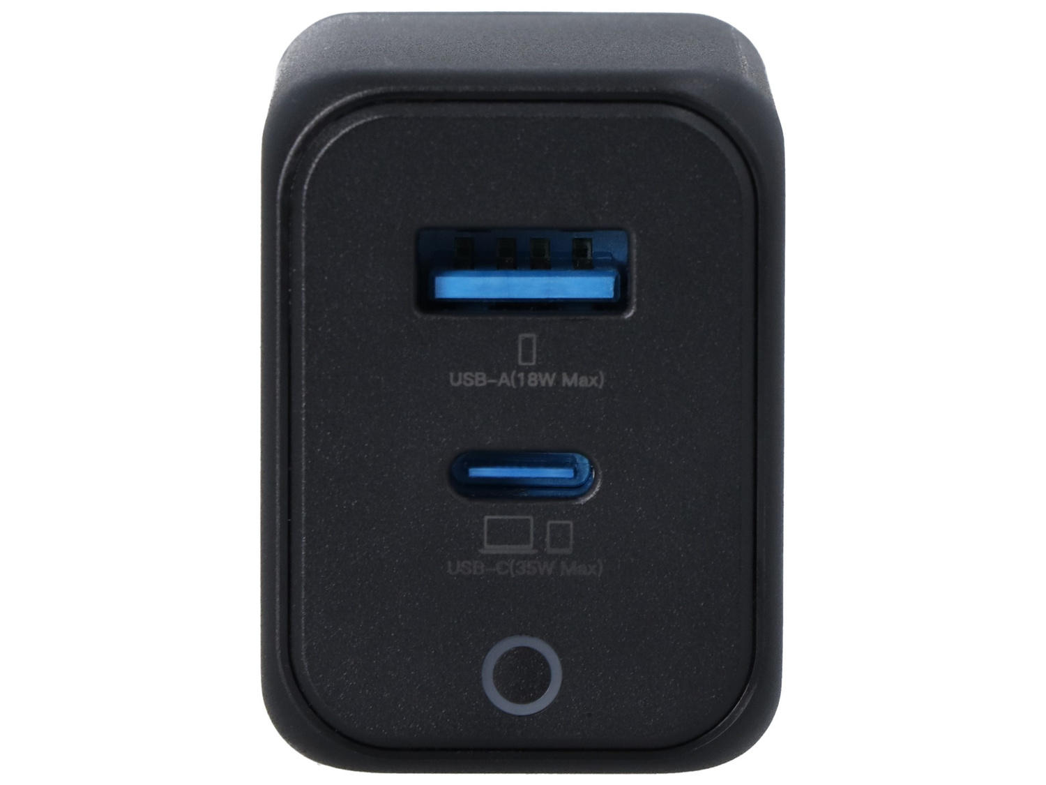 Czarny zasilacz z jednym portem USB-A (18W) i jednym USB-C (35W).