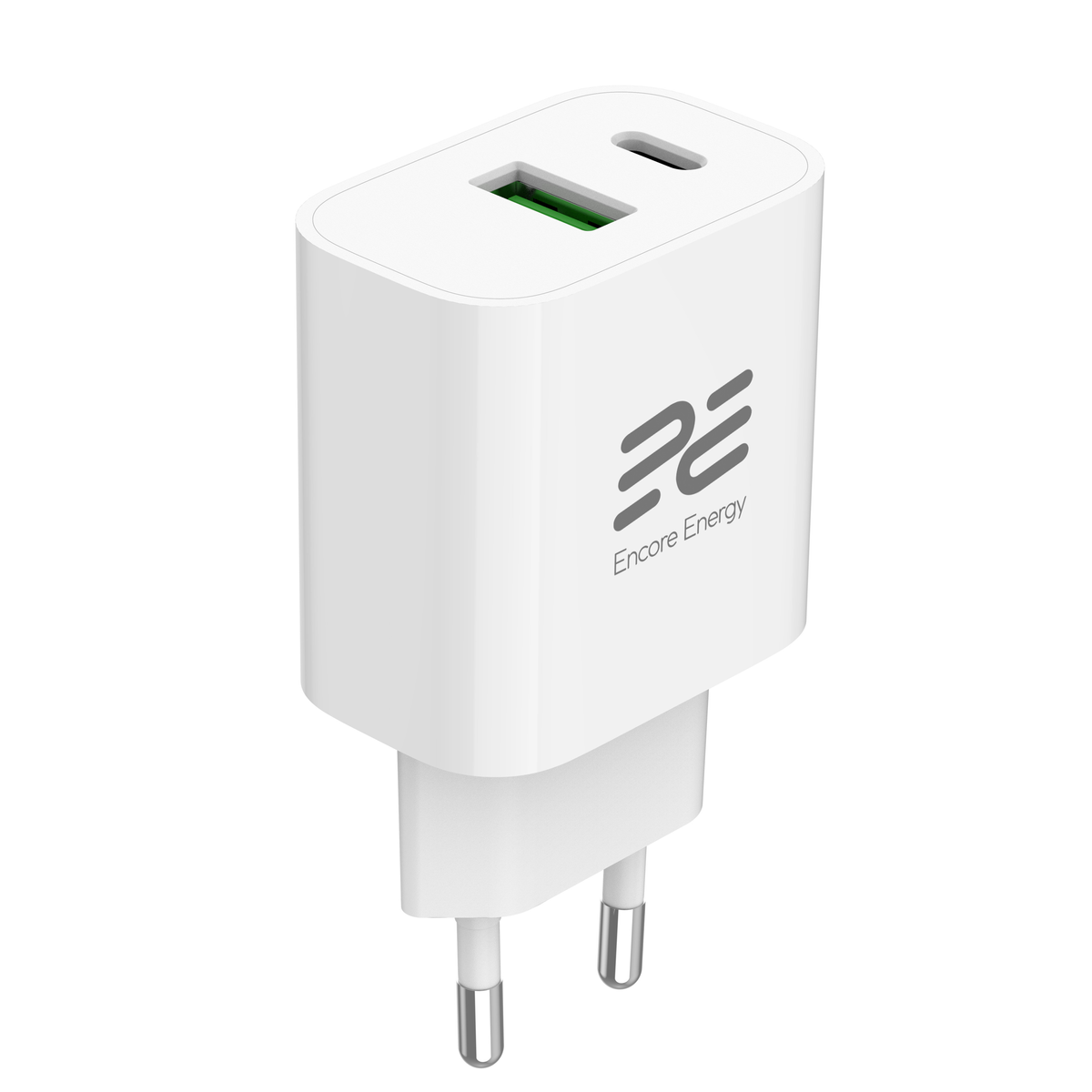 Biała ładowarka podróżna z dwoma portami USB i logo Encore Energy.
