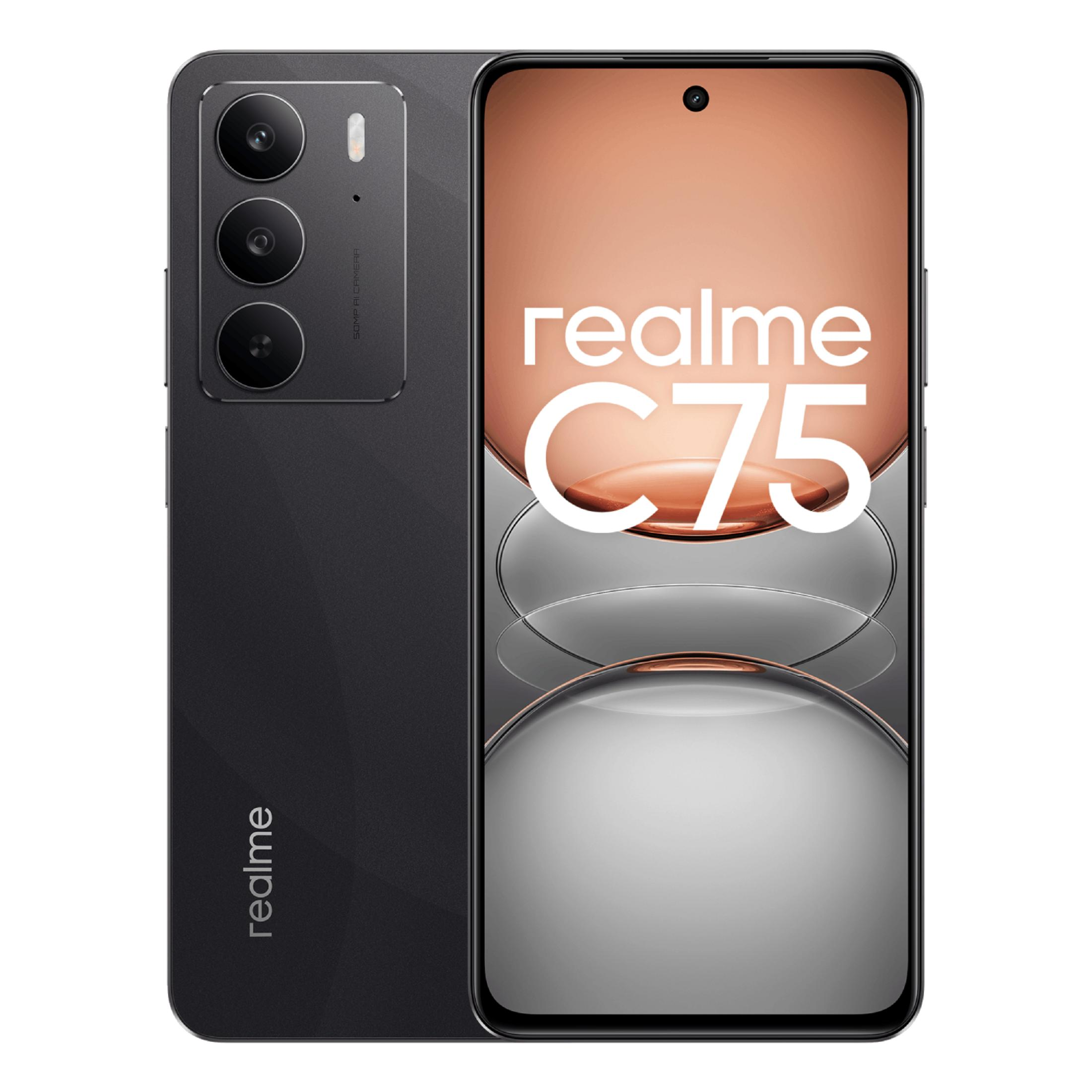 Uno smartphone Realme C75 scuro con tre fotocamere sul retro.