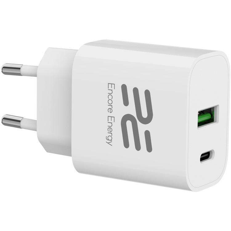 Biała ładowarka z dwoma bolcami i portem USB-A oraz USB-C.