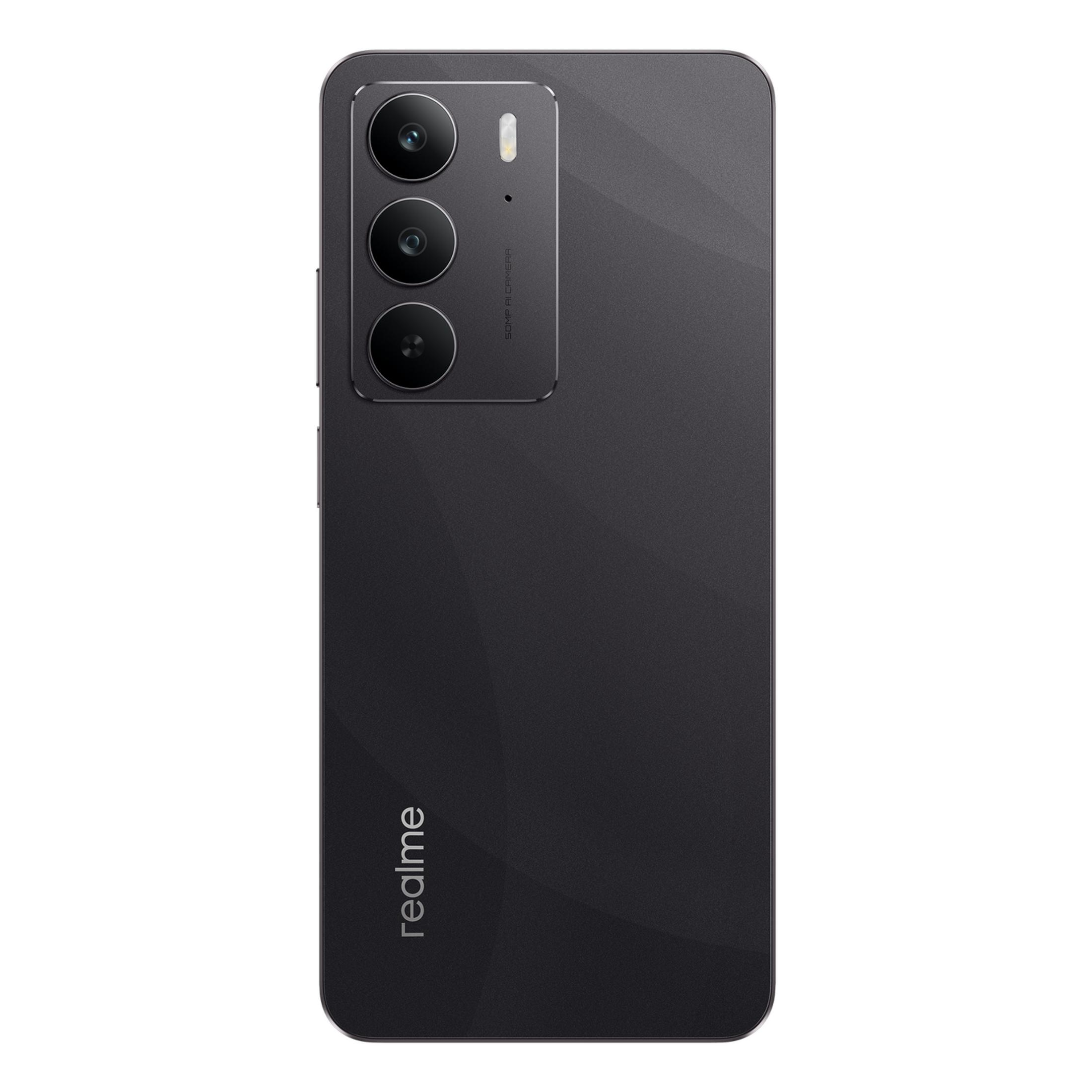 Retro di uno smartphone nero con tre fotocamere e logo Realme.