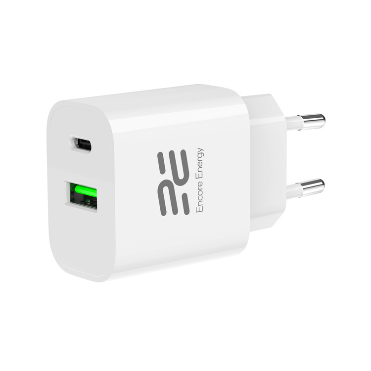 Biała ładowarka z dwoma portami, jednym USB-C i jednym USB-A z zieloną diodą.