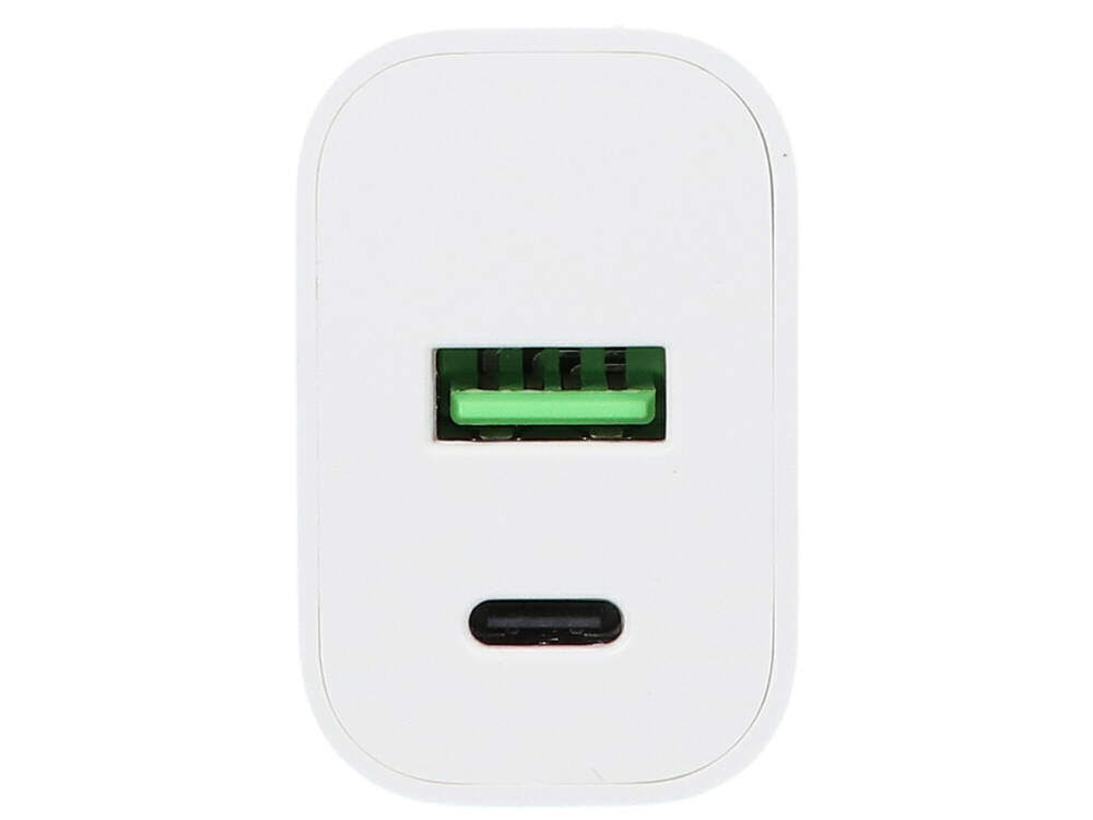 Biała ładowarka z jednym portem USB-A i jednym USB-C.