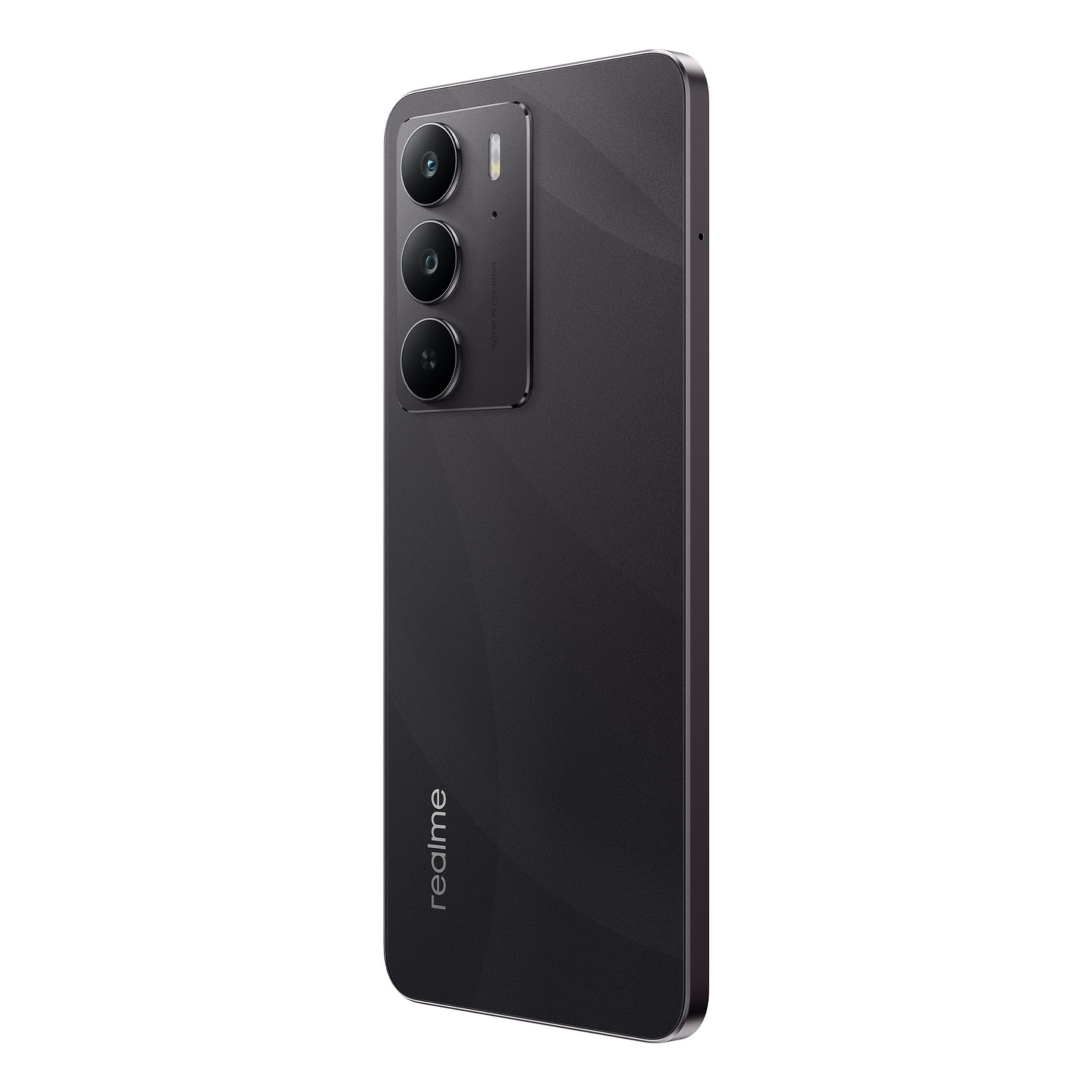 Retro di uno smartphone Realme nero con tre fotocamere e logo.