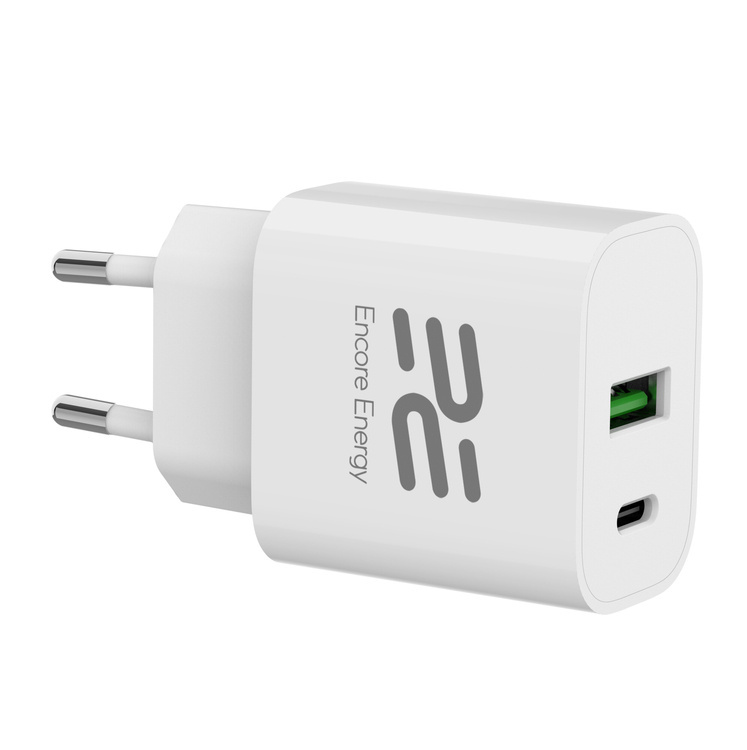 Biała ładowarka USB z dwoma portami i logo Encore Energy.