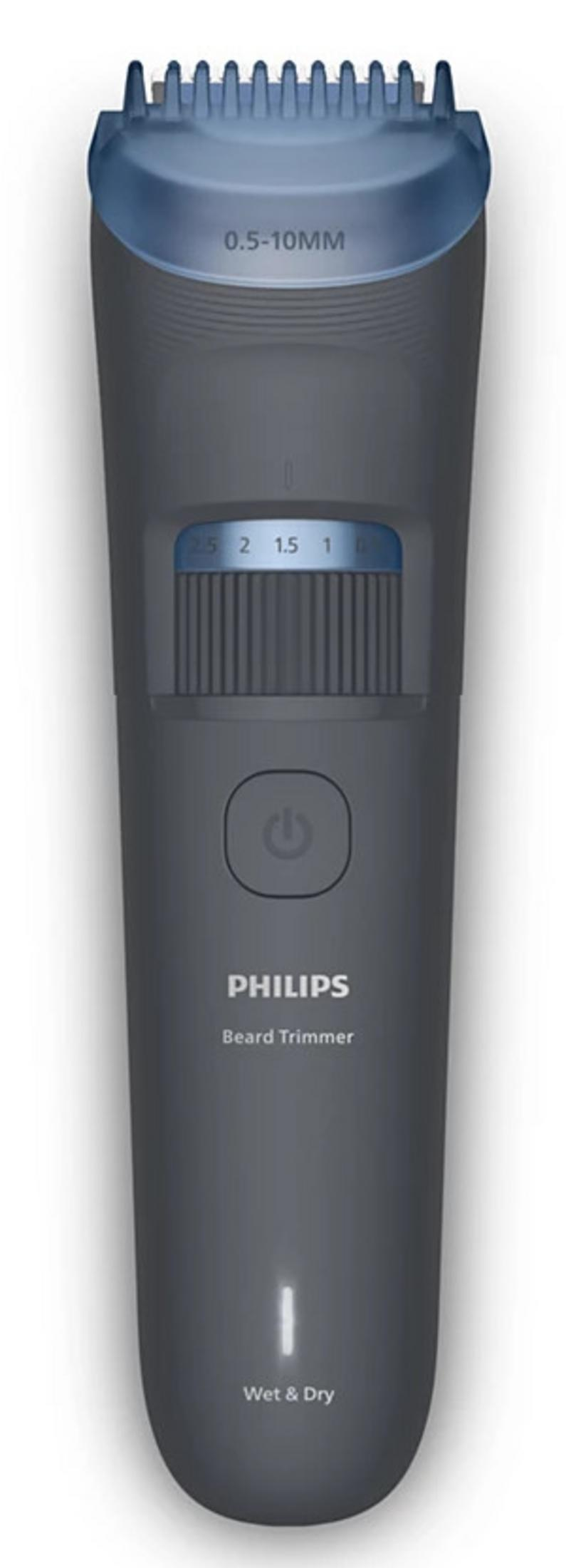 Tondeuse à barbe Philips grise avec accessoire bleu et réglage de longueur.