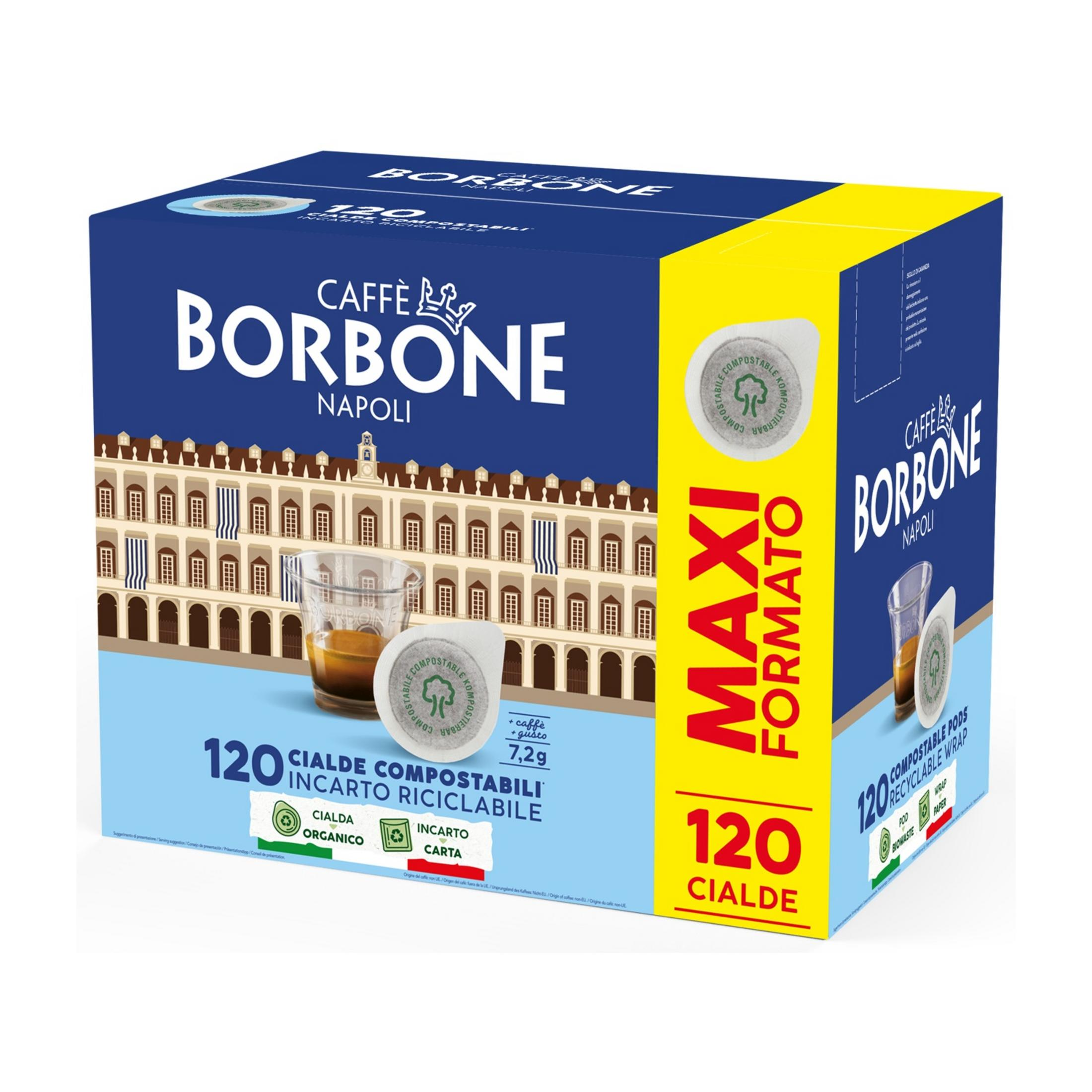 Una scatola blu di cialde Caffè Borbone, con una tazza di espresso davanti.