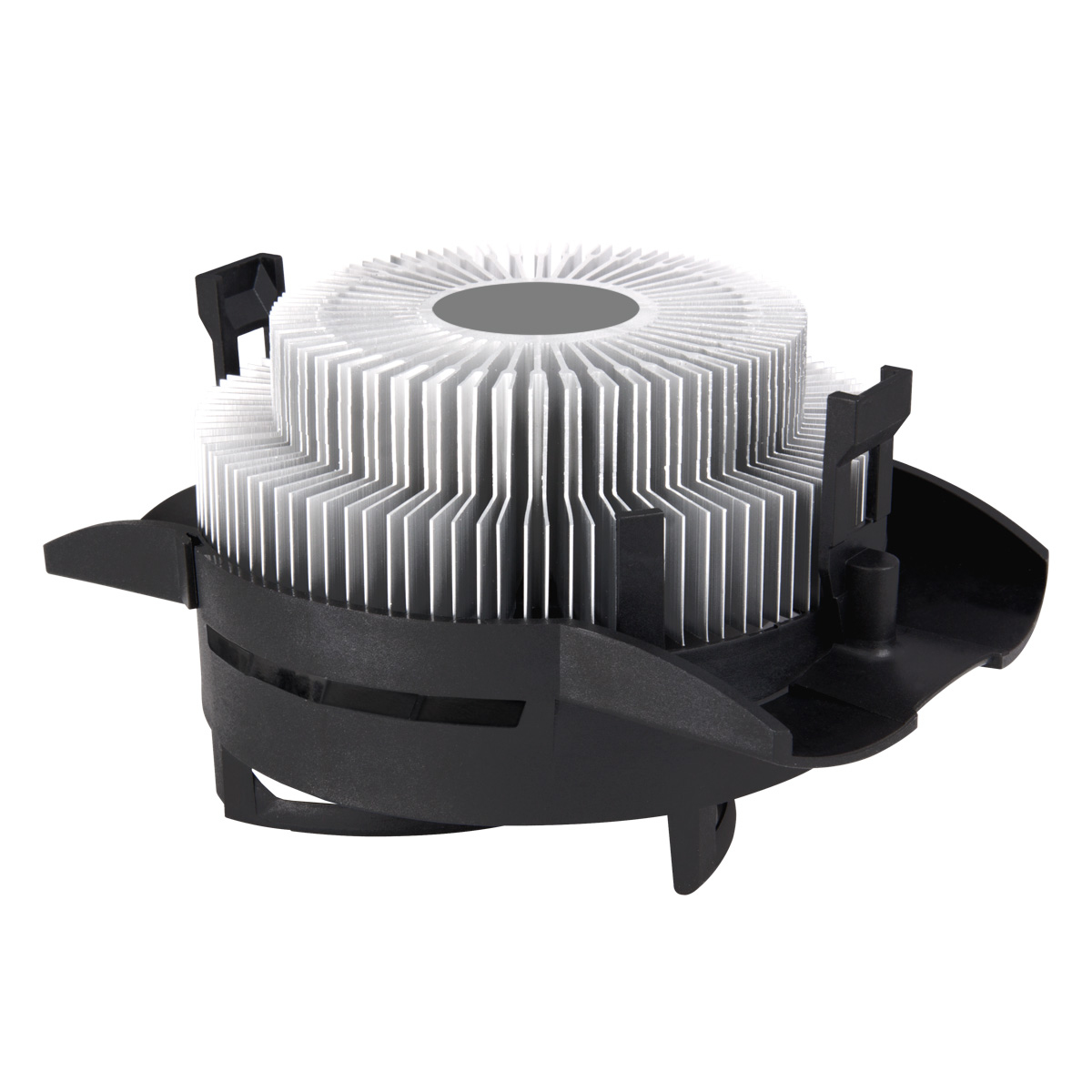 Un dissipatore CPU nero con dissipatore in alluminio e supporti per ventola.
