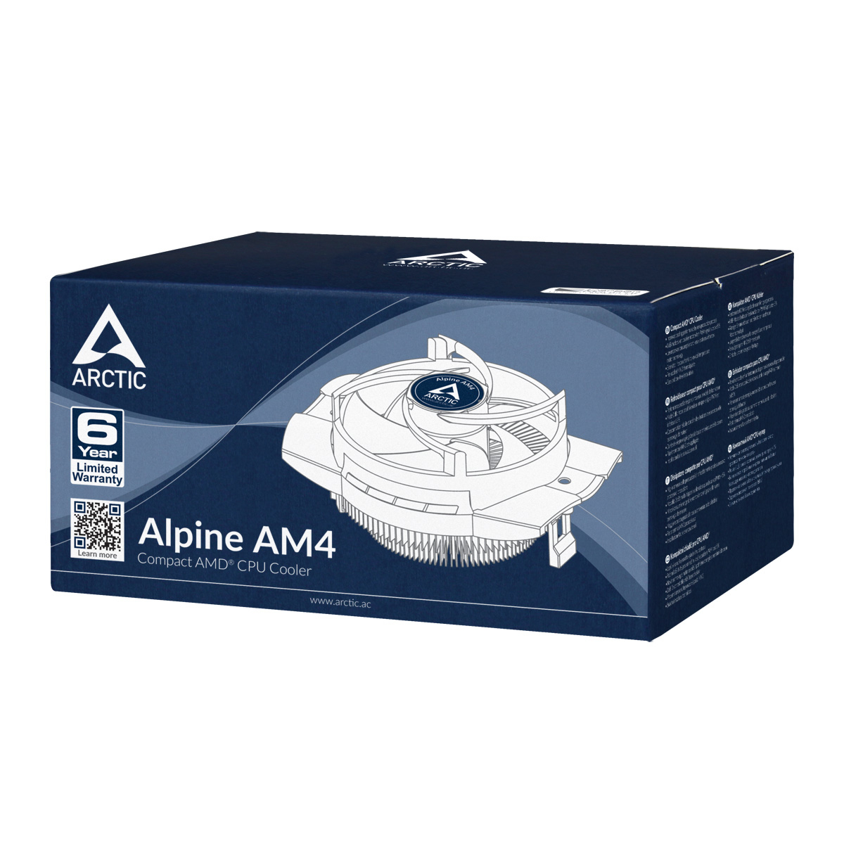 Scatola di un dissipatore CPU ARCTIC Alpine AM4 con illustrazione dettagliata.