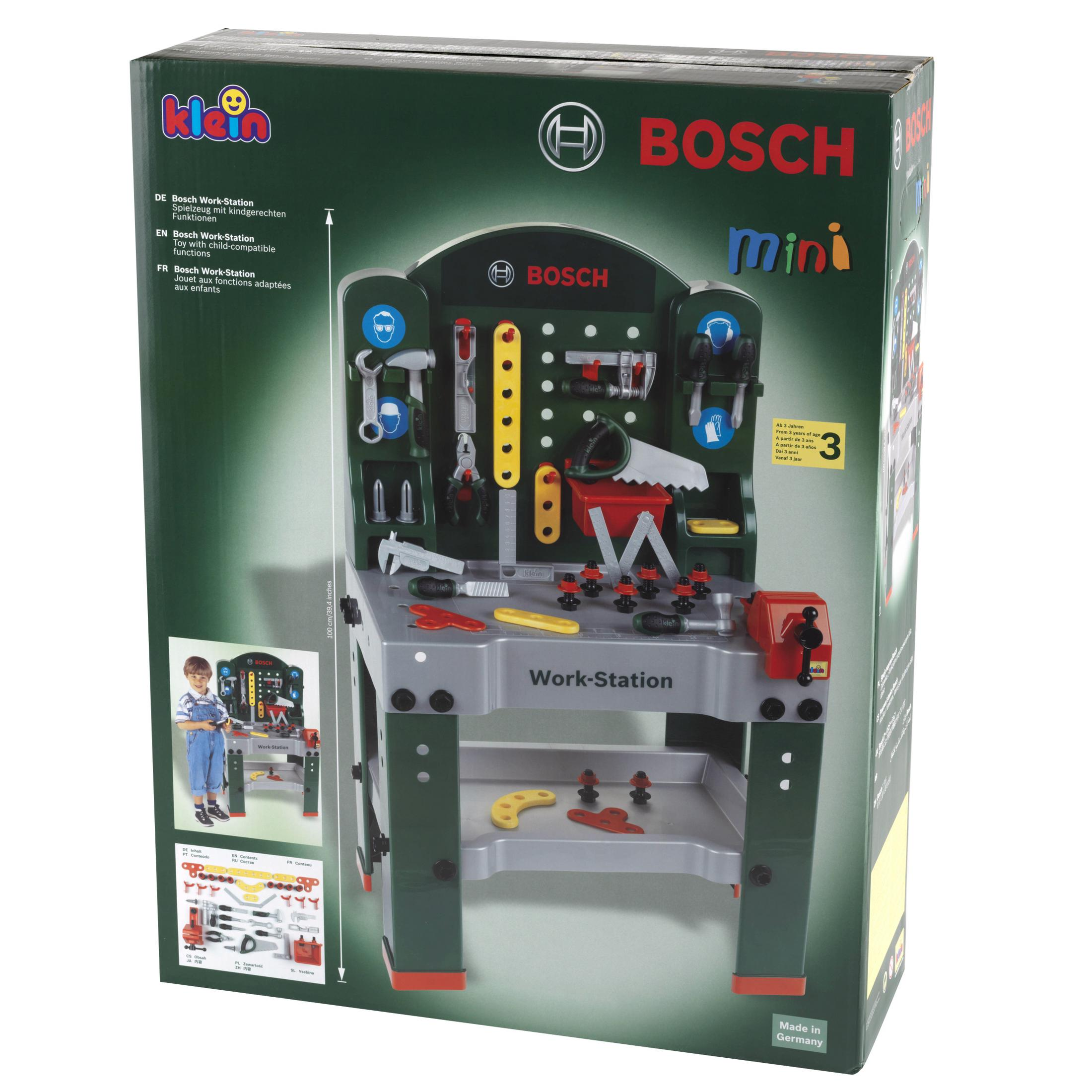 Banco da lavoro Bosch verde giocattolo con attrezzi e accessori, con adesivi.