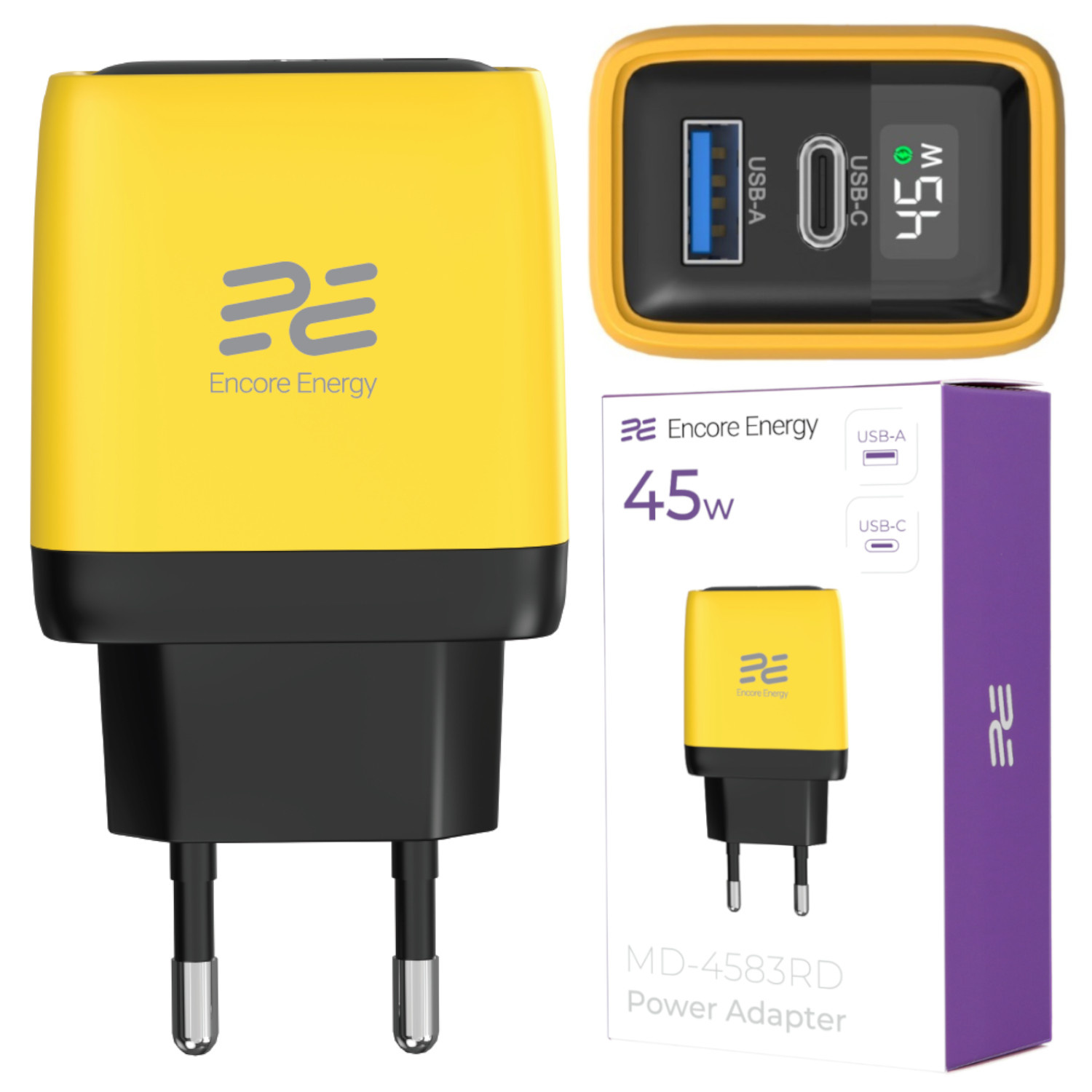 Żółty adapter zasilający z portami USB-A i USB-C, 45W.