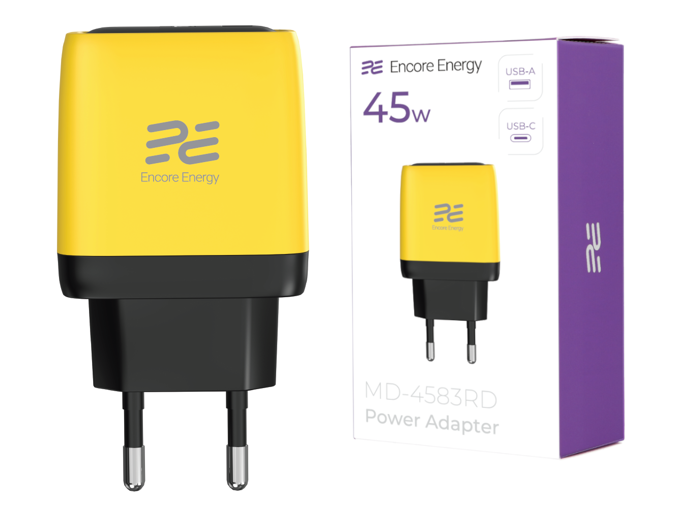 Żółty adapter zasilający 45W Encore Energy z dwoma bolcami i opakowaniem.