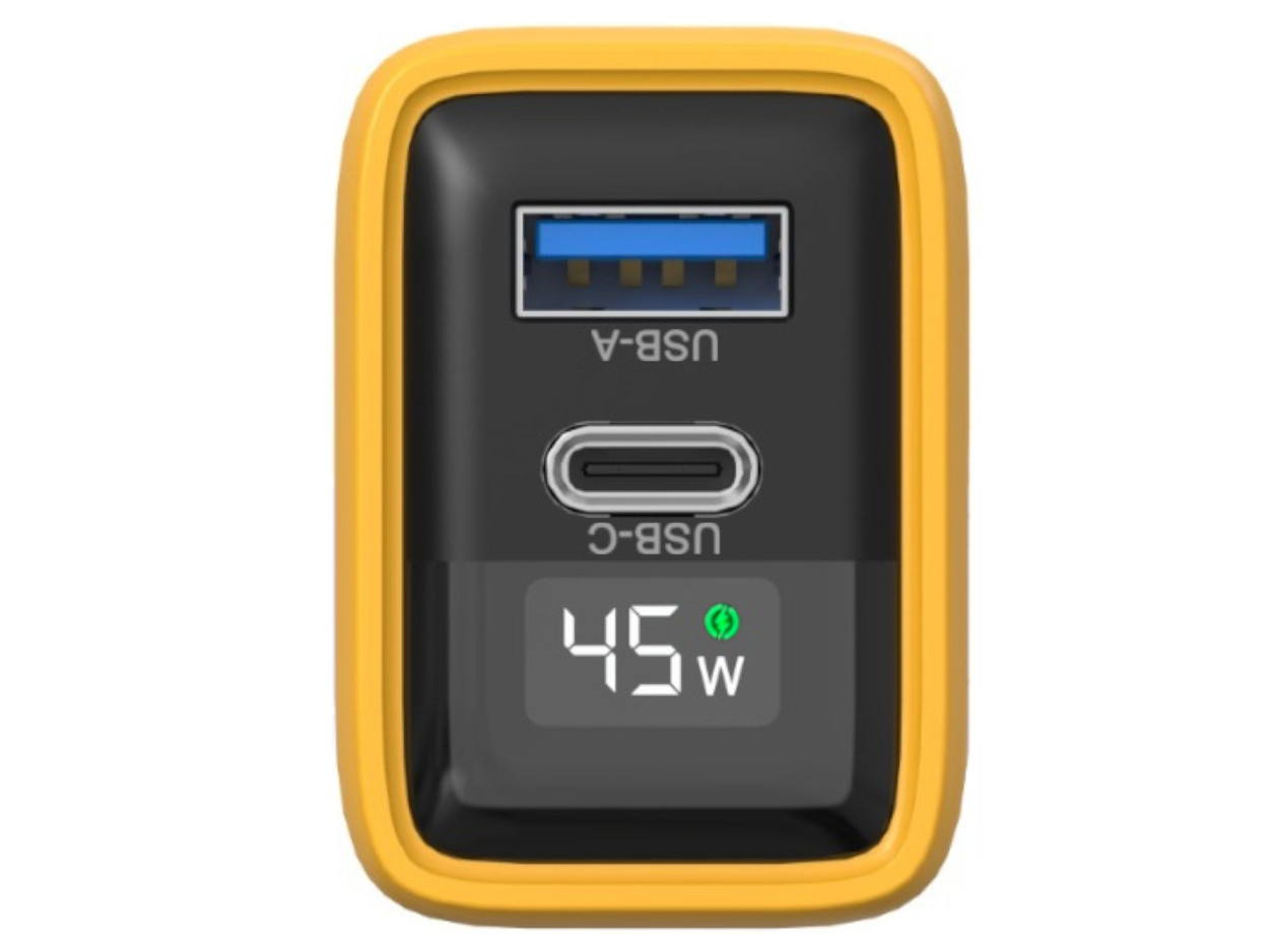 Żółty adapter ładowarki z USB-A, USB-C i cyfrowym wyświetlaczem 45W.
