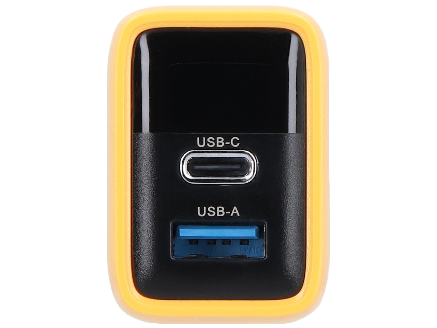 Żółta ładowarka z jednym portem USB-C i jednym portem USB-A.
