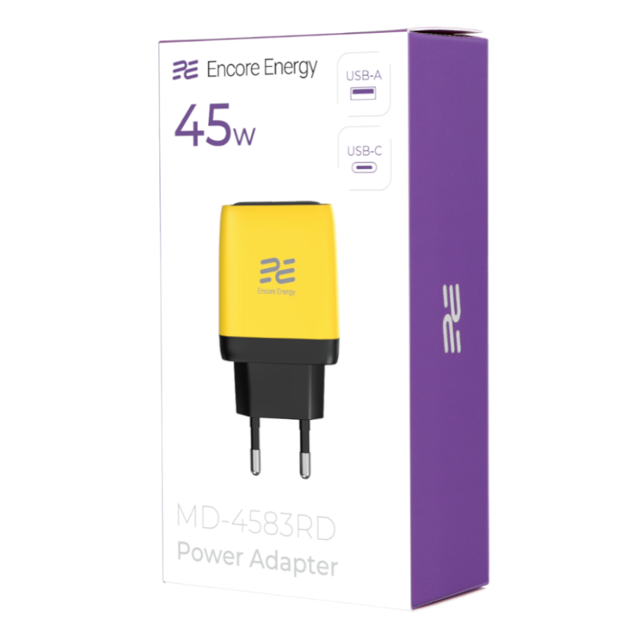 Żółto-czarny adapter zasilający Encore Energy 45W na białym pudełku z ikonami USB-A i USB-C.