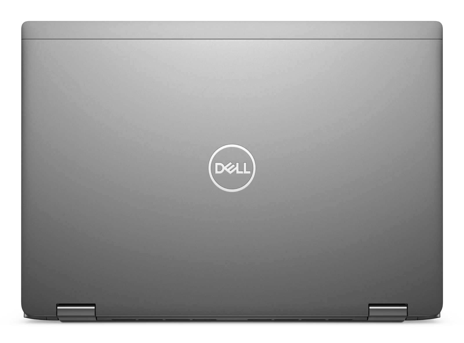 Graues Dell Laptop, geschlossen, mit silbernem Logo auf der Oberseite.