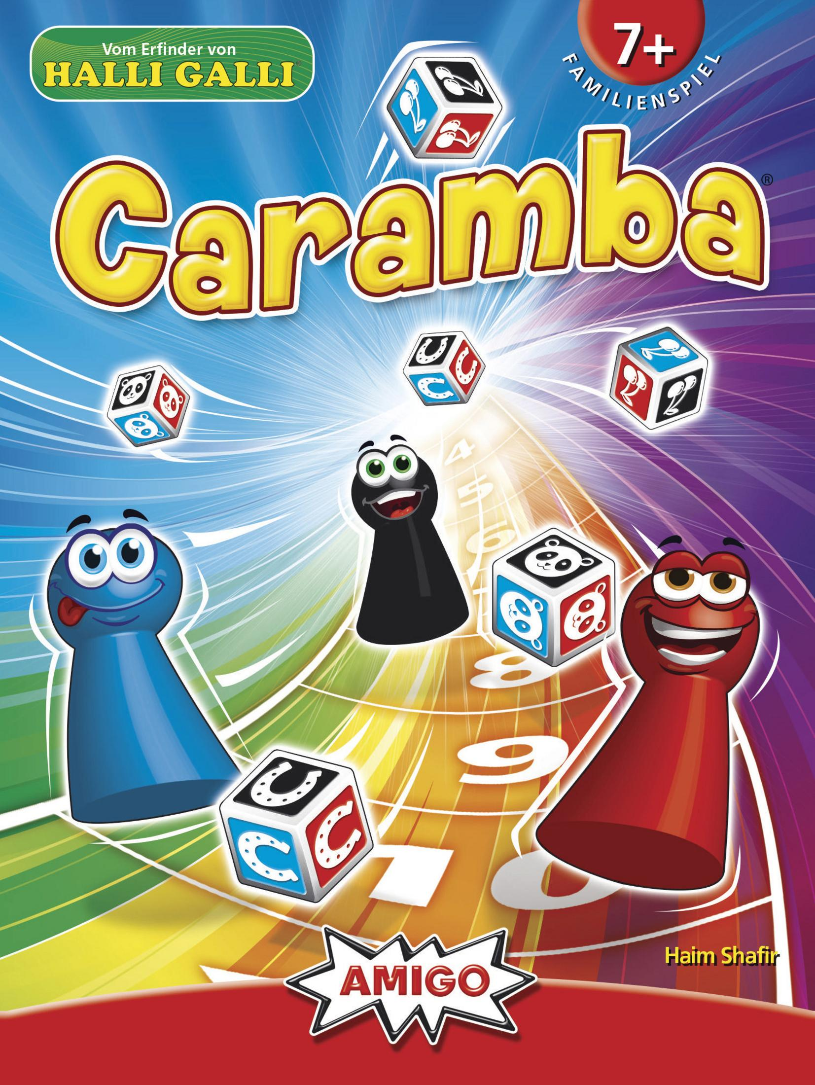 Spielbrett mit Figuren, Würfeln und dem Wort Caramba.