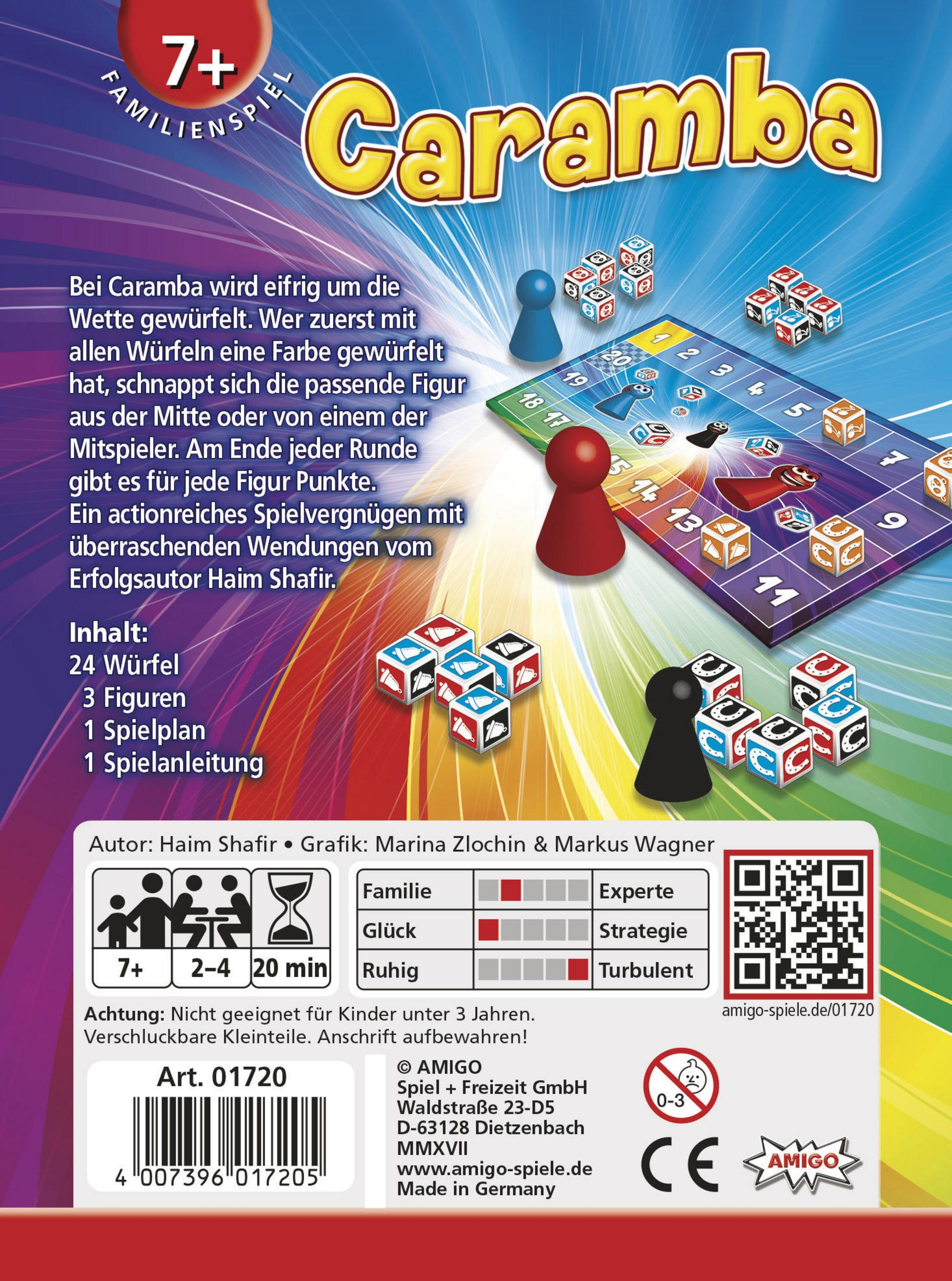 Spielbrett mit Figuren, Würfeln und Spielanleitung für Caramba. Alter 7+, 2-4 Spieler.