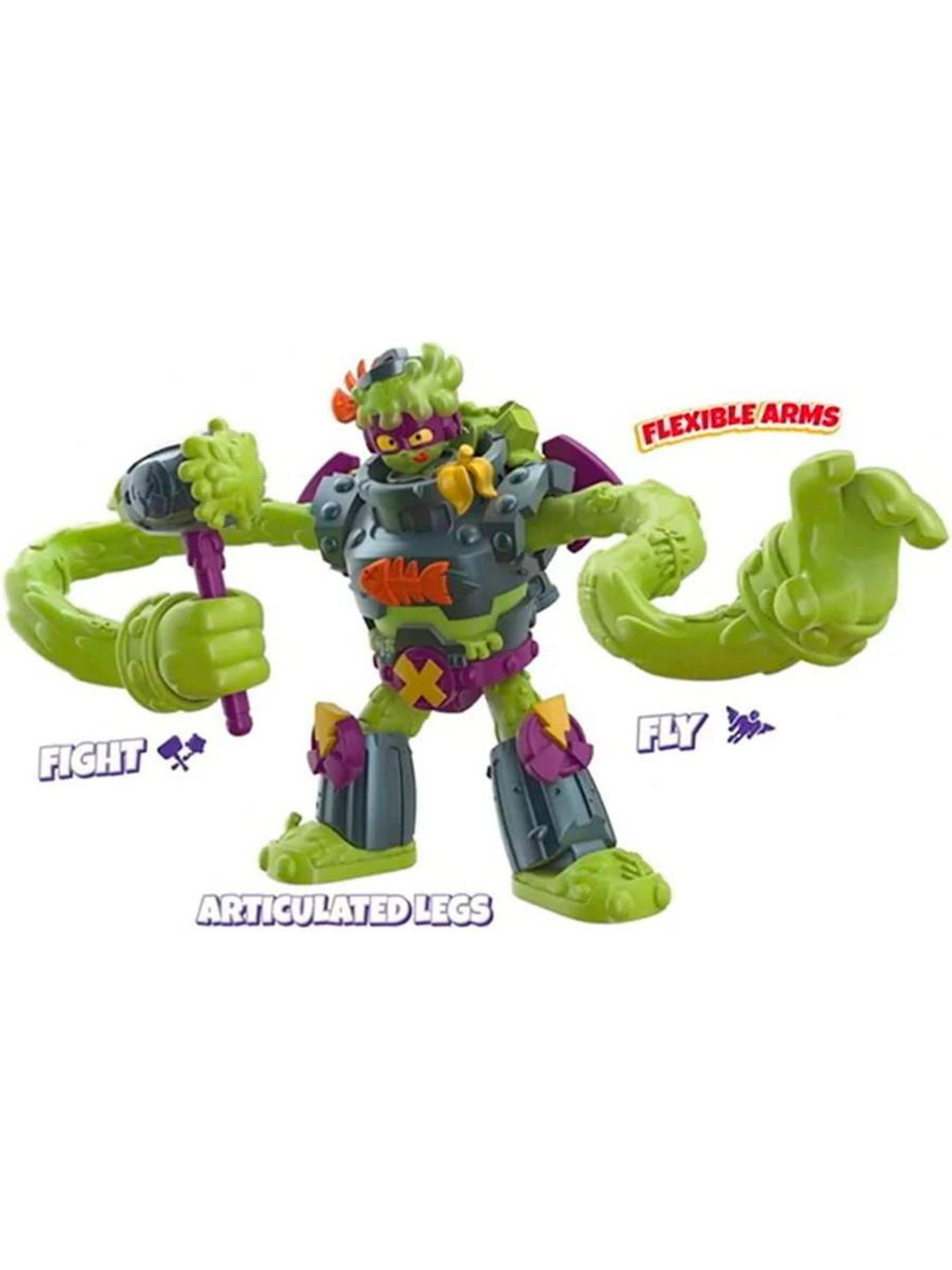 Figura verde con brazos flexibles sujetando un arma morada. De pie sobre piernas articuladas.