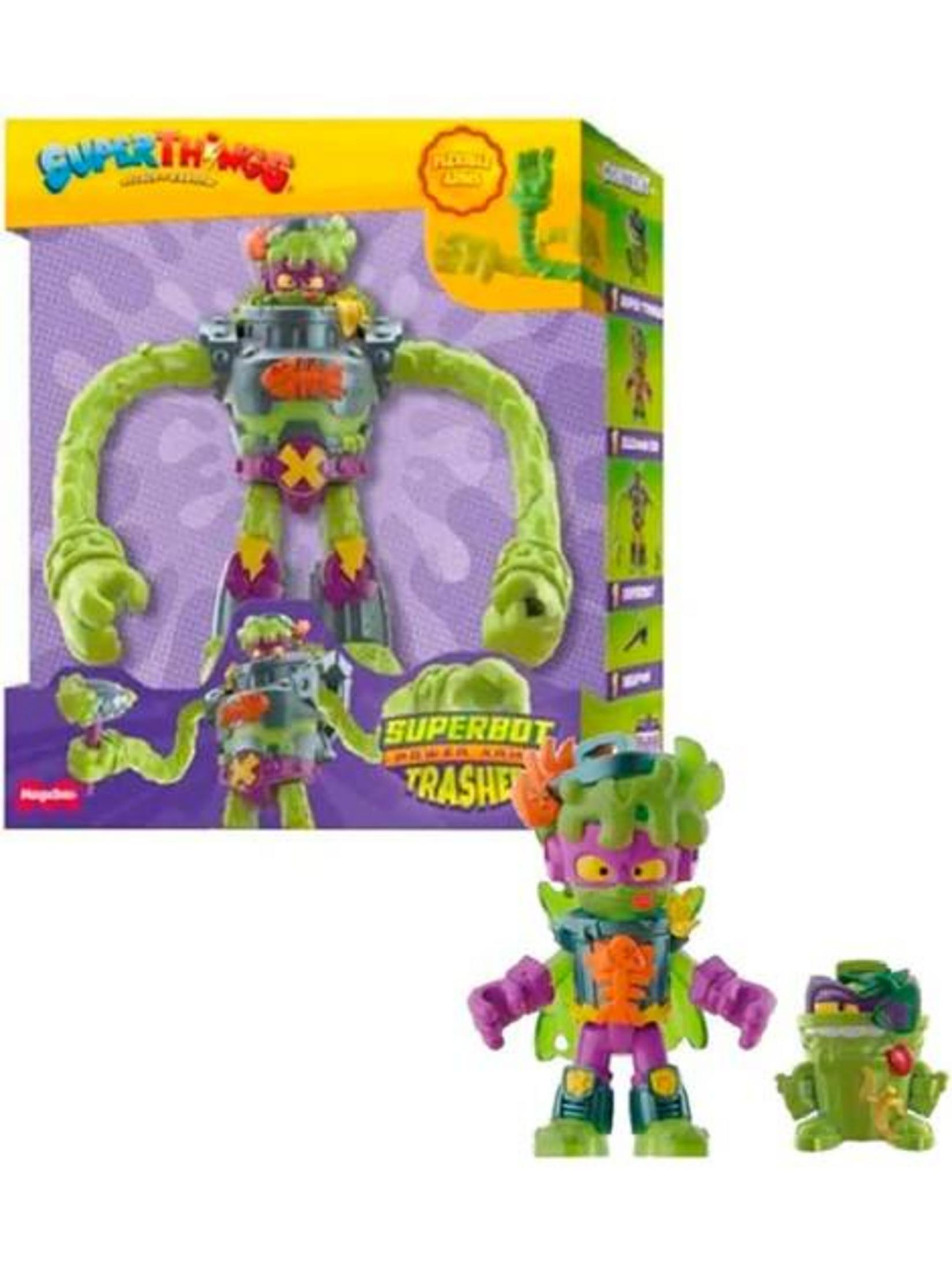 Robot verde con acentos morados y brazos flexibles, con caja y figura más pequeña.