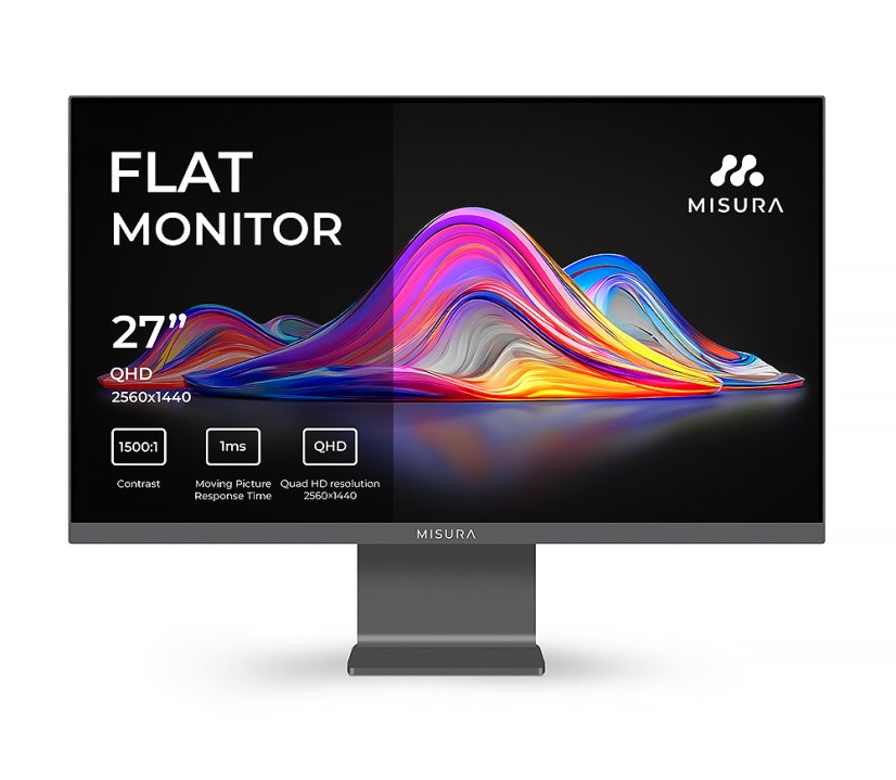 Płaski monitor MISURA 27" z rozdzielczością QHD, z dynamicznym kolorowym tłem.