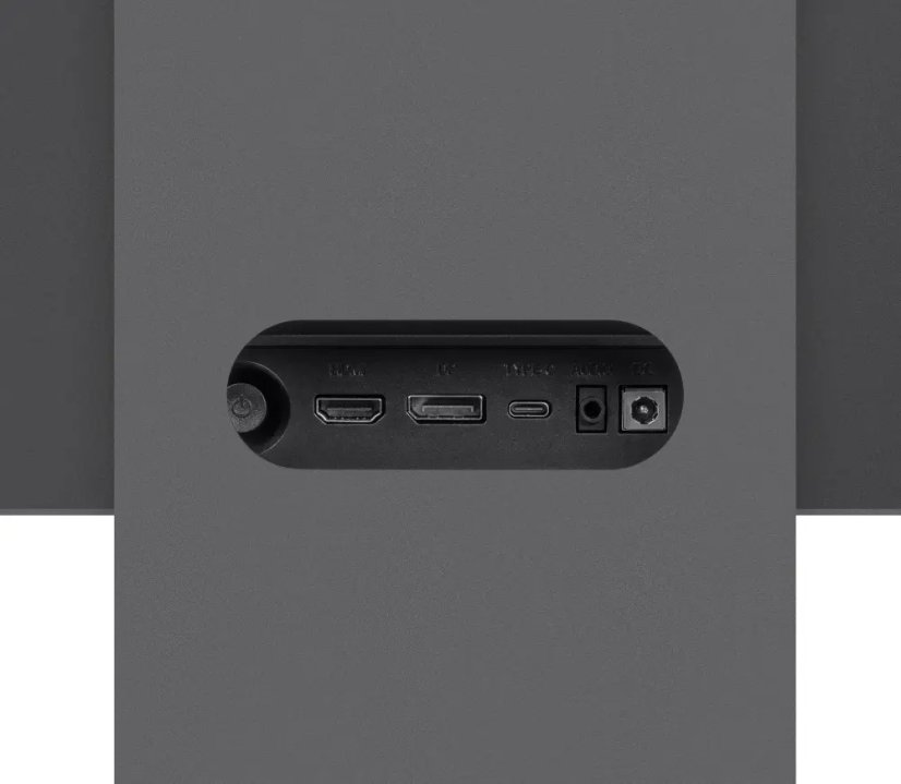 Czarne urządzenie pokazuje porty HDMI, USB-C, Audio i DC.