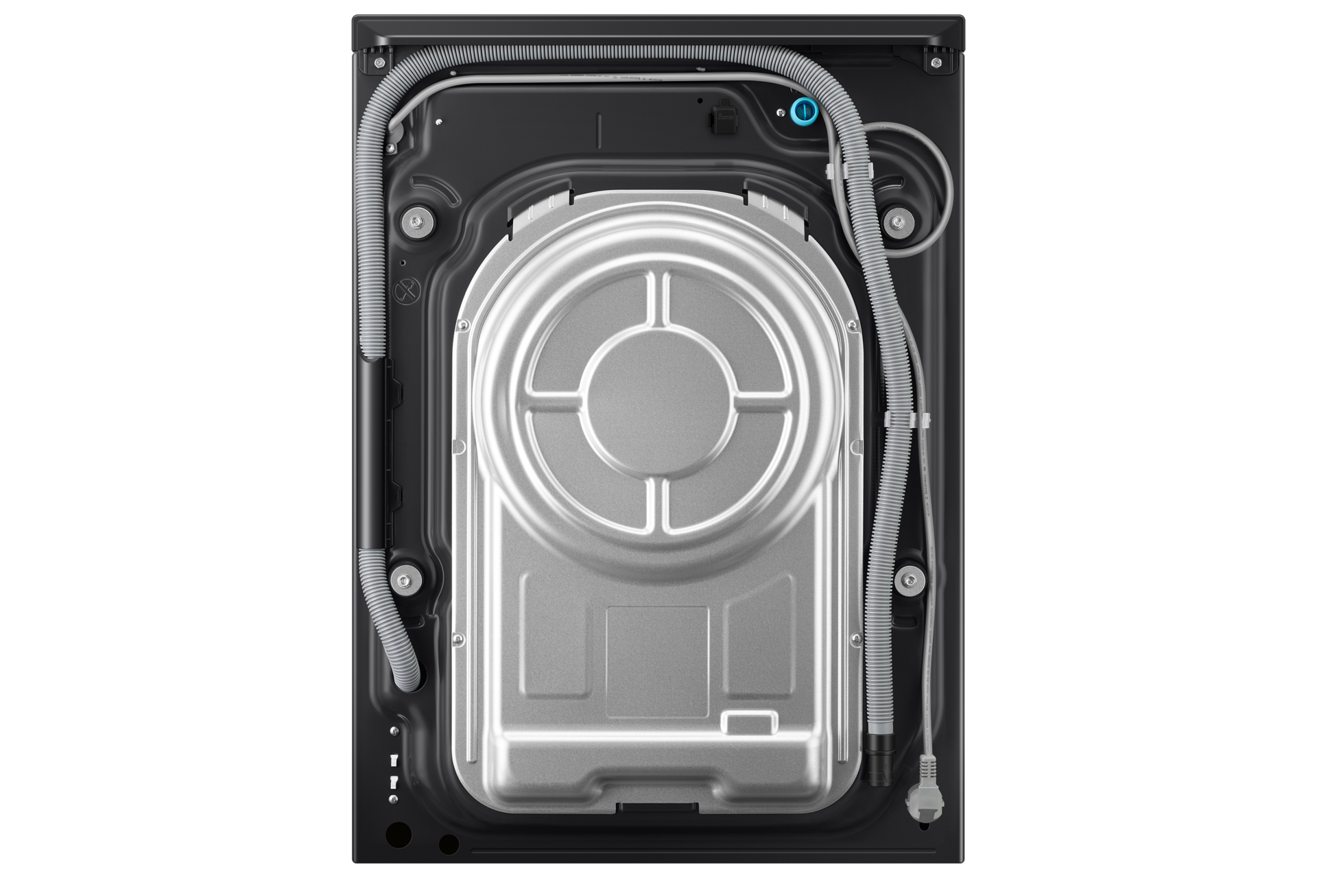 Rückseite einer Waschmaschine mit Metallabdeckung, Schläuchen und Kabeln.