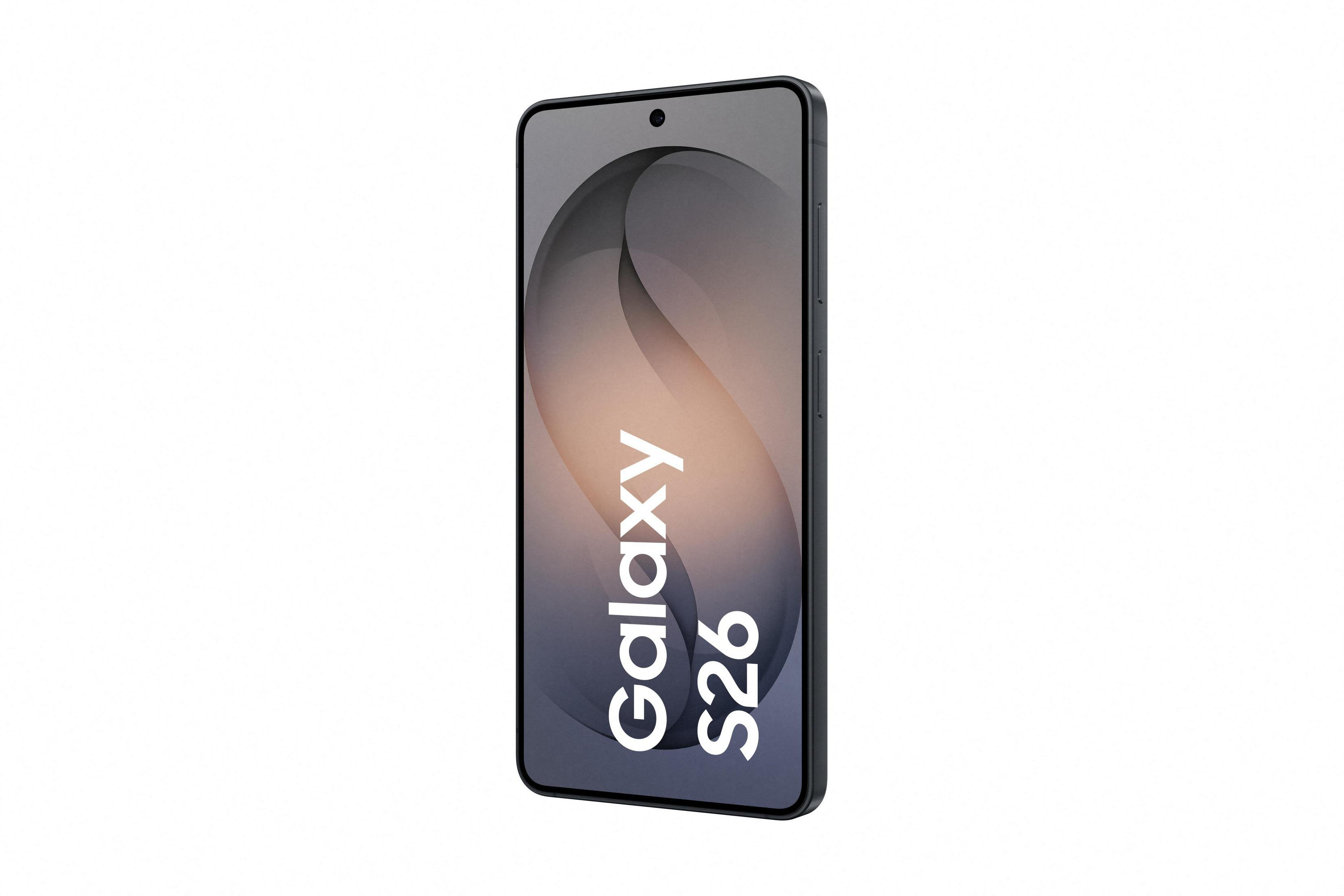 Uno smartphone scuro con il testo "Galaxy S26" sullo schermo.