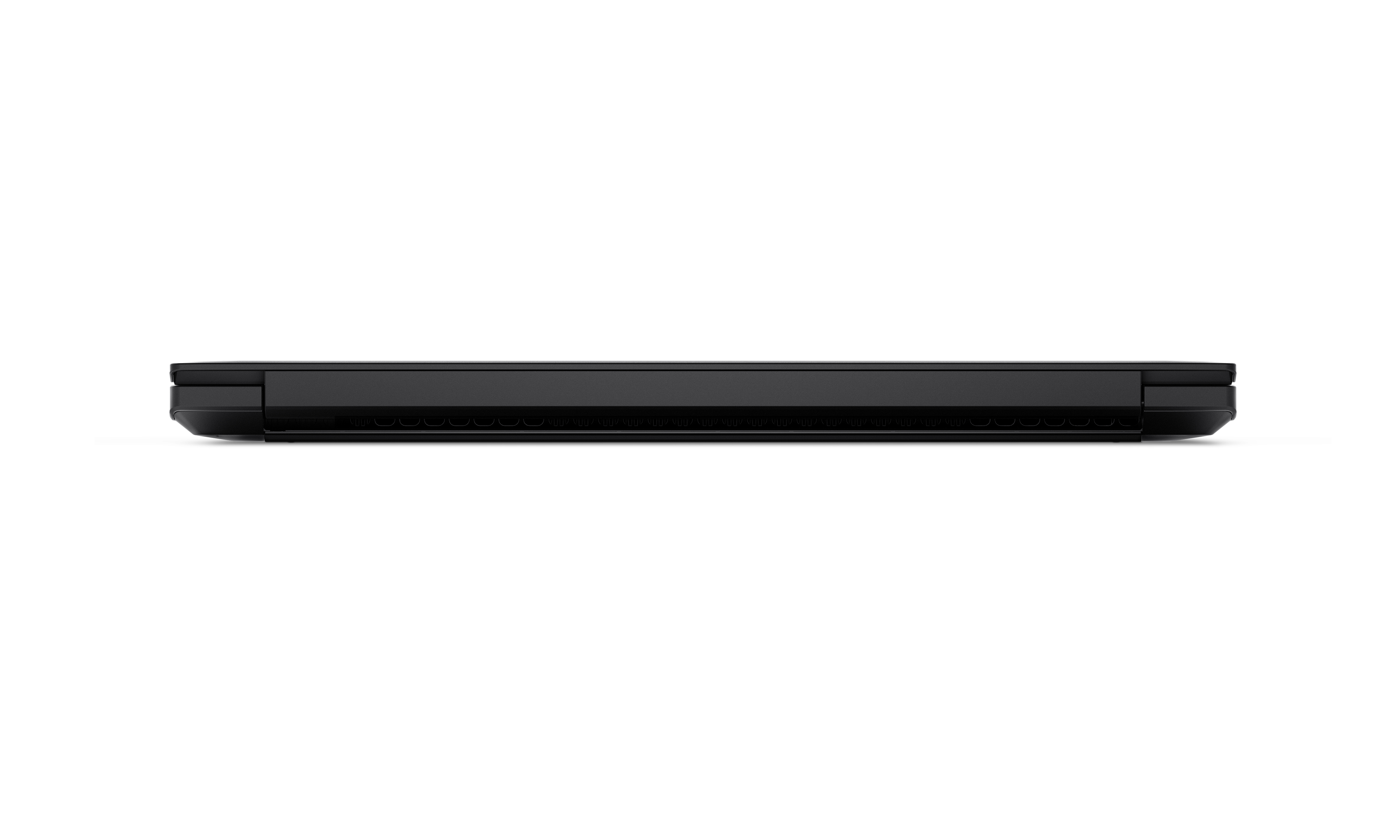 Schwarzes Laptop im Profil, mit Lüftungsschlitzen an der Unterseite.