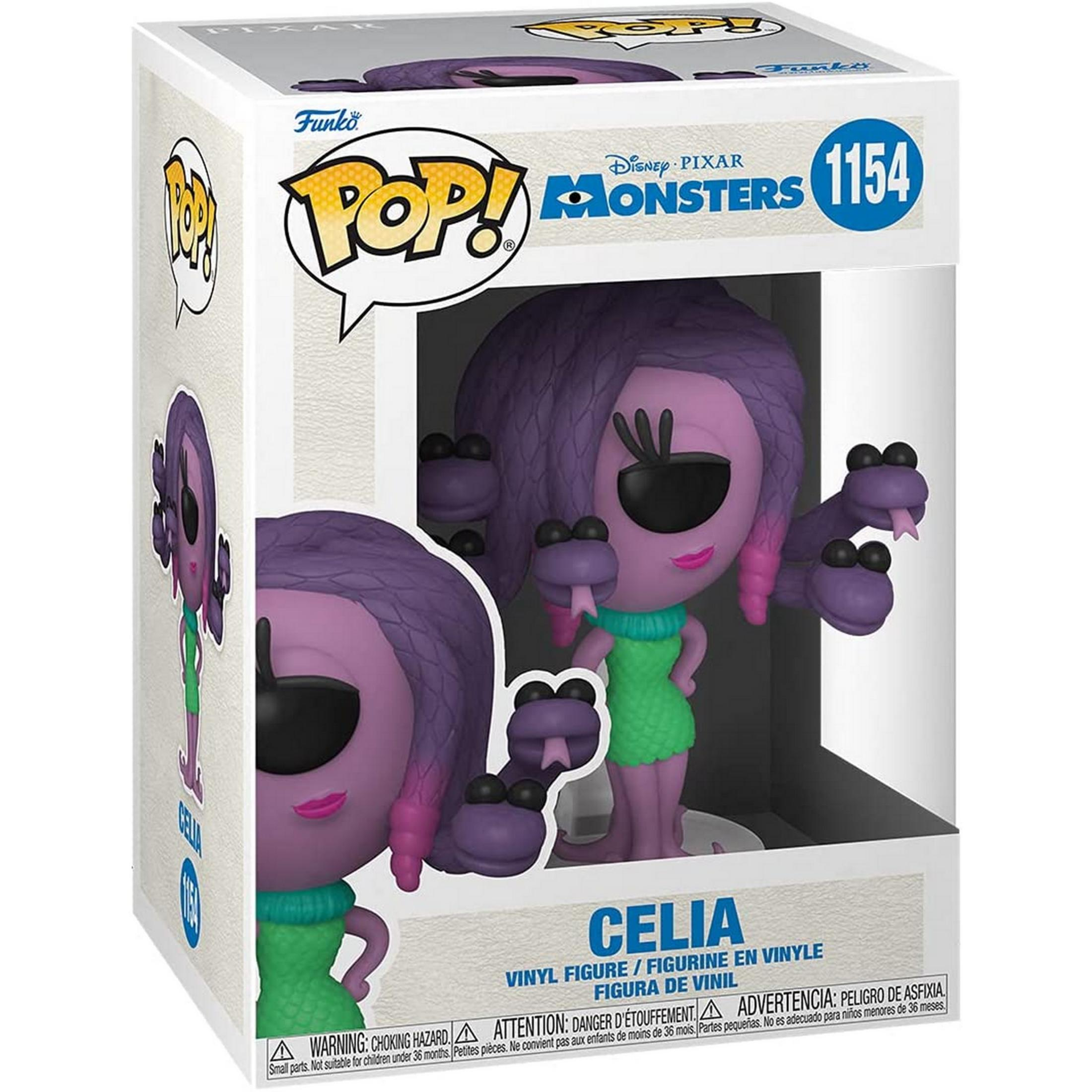 Figura Funko Pop! de Celia de Monsters, Inc. en morado con atuendo verde.
