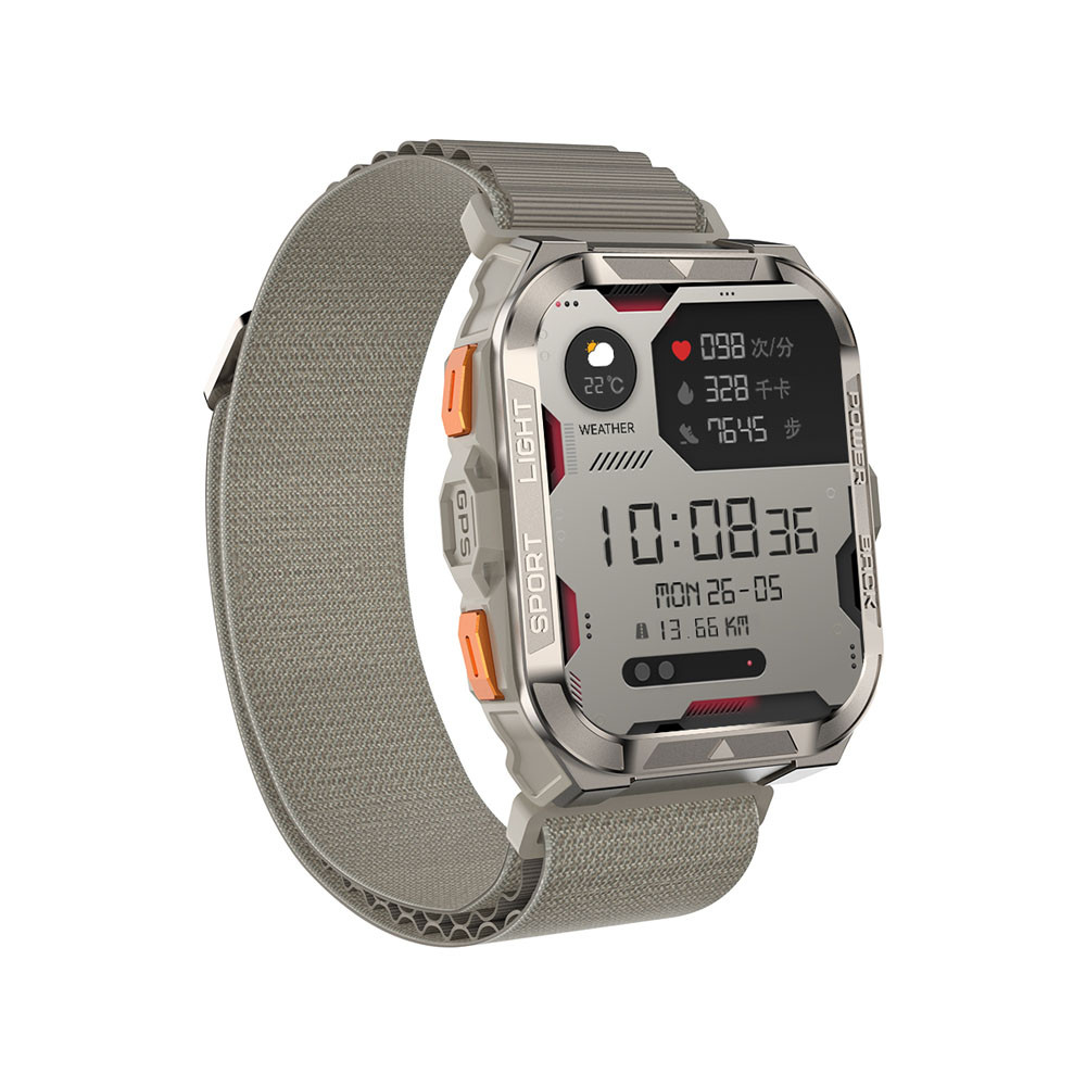 Smartwatch grigio con display digitale, mostra ora, data, meteo e dati fitness.