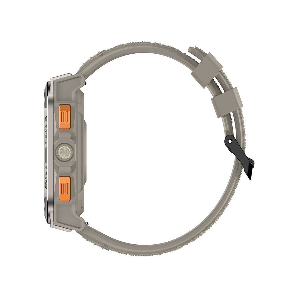 Orologio smart grigio con pulsanti arancioni e fibbia nera, visto di lato.