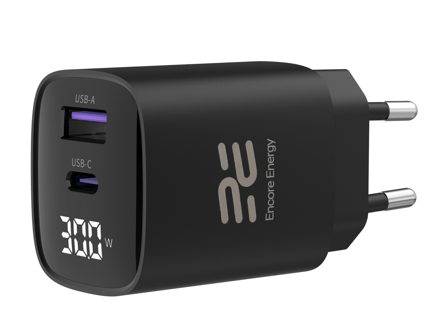 Czarna ładowarka USB-C z 2 portami i cyfrowym wskaźnikiem mocy.