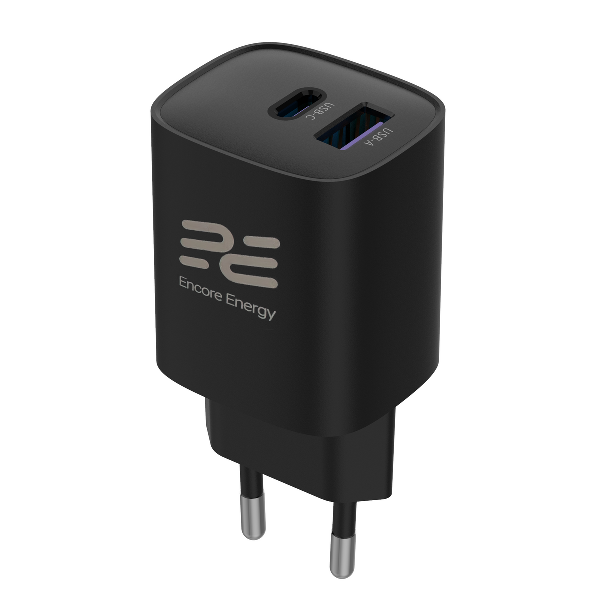 Czarna ładowarka z portami USB-C i USB-A oraz srebrnymi bolcami.