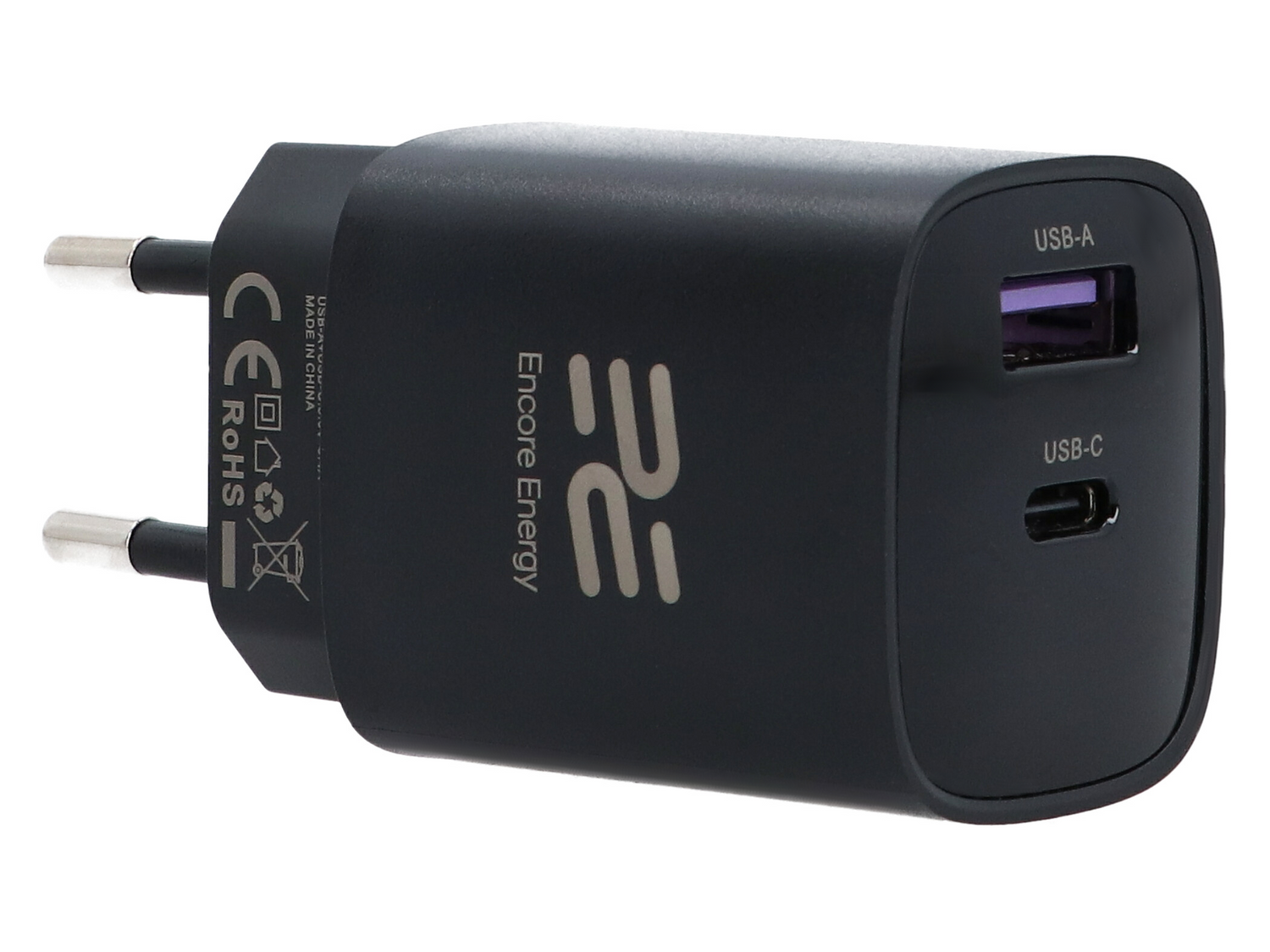 Czarna ładowarka USB z portami USB-A i USB-C, symbolami CE i RoHS.