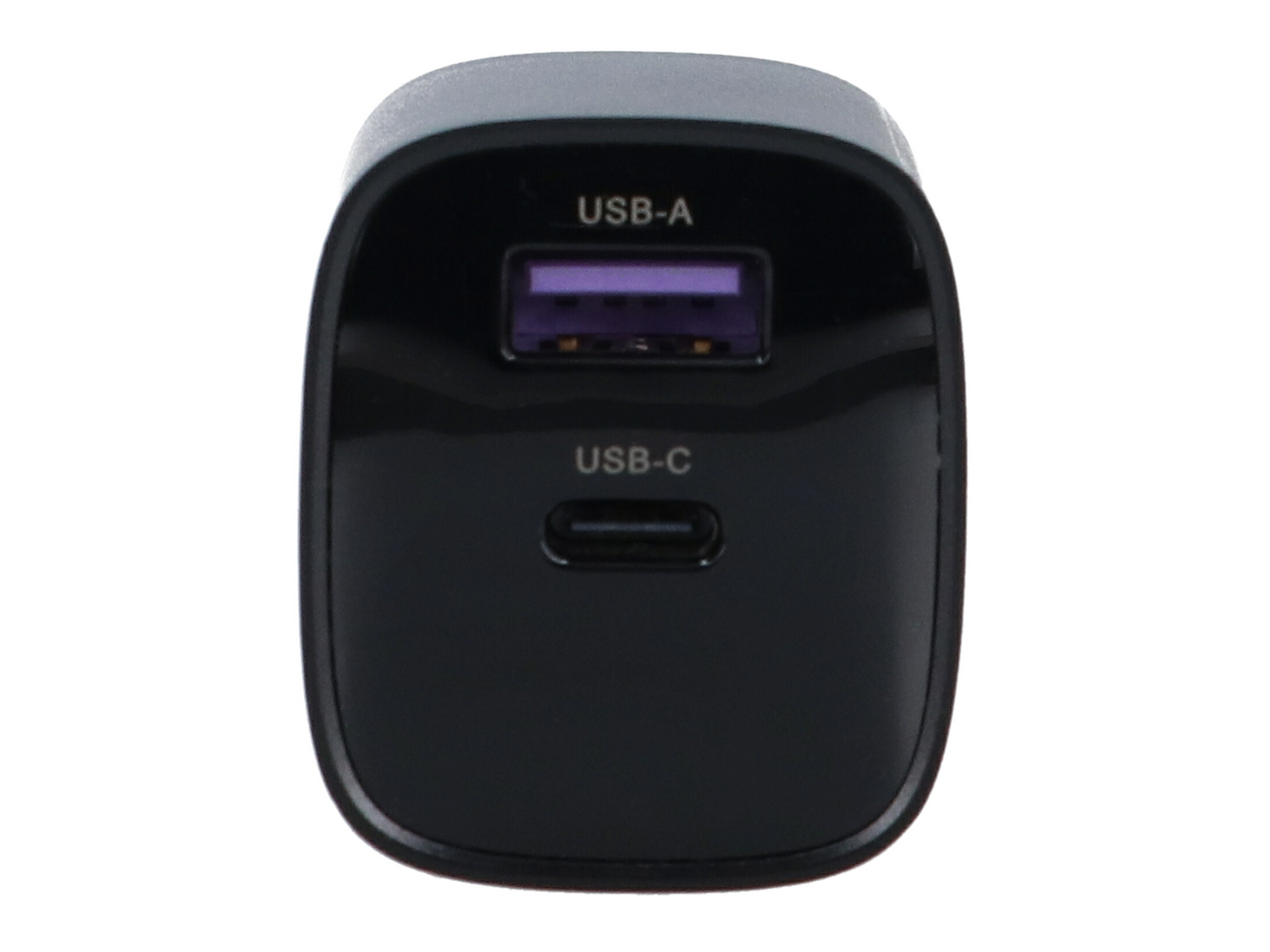 Czarny zasilacz z jednym portem USB-A i jednym portem USB-C.