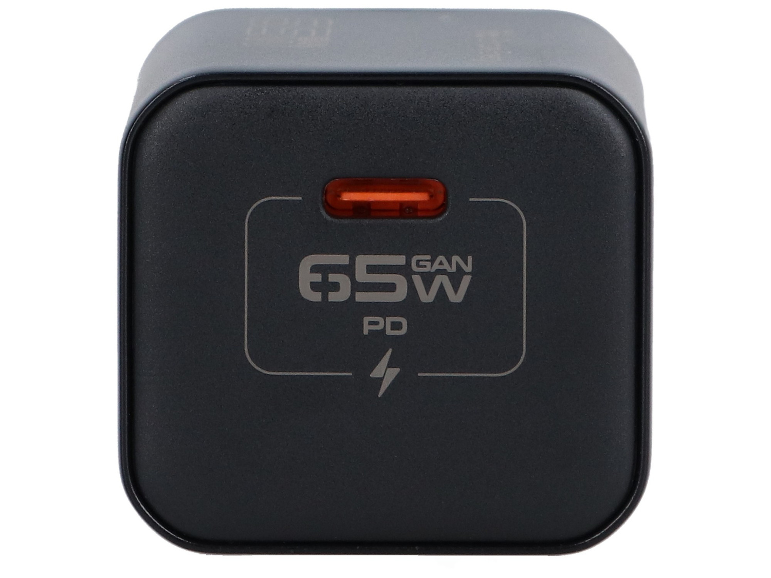 Czarna wtyczka ładowarki USB-C GAN PD 65W z pomarańczową diodą wskaźnika.