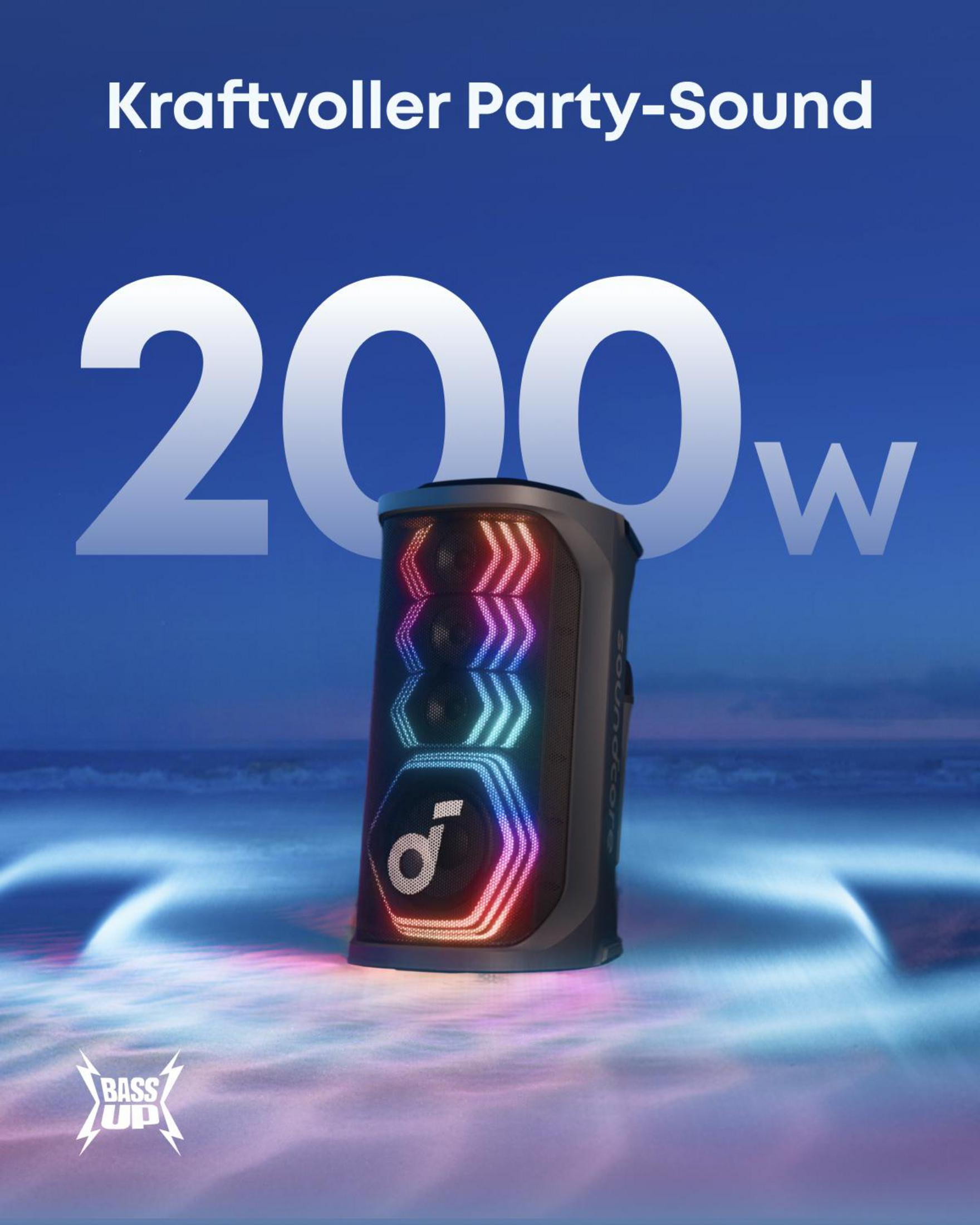 Lautsprecher mit 200W Leistung und bunten Lichtern am Strand.