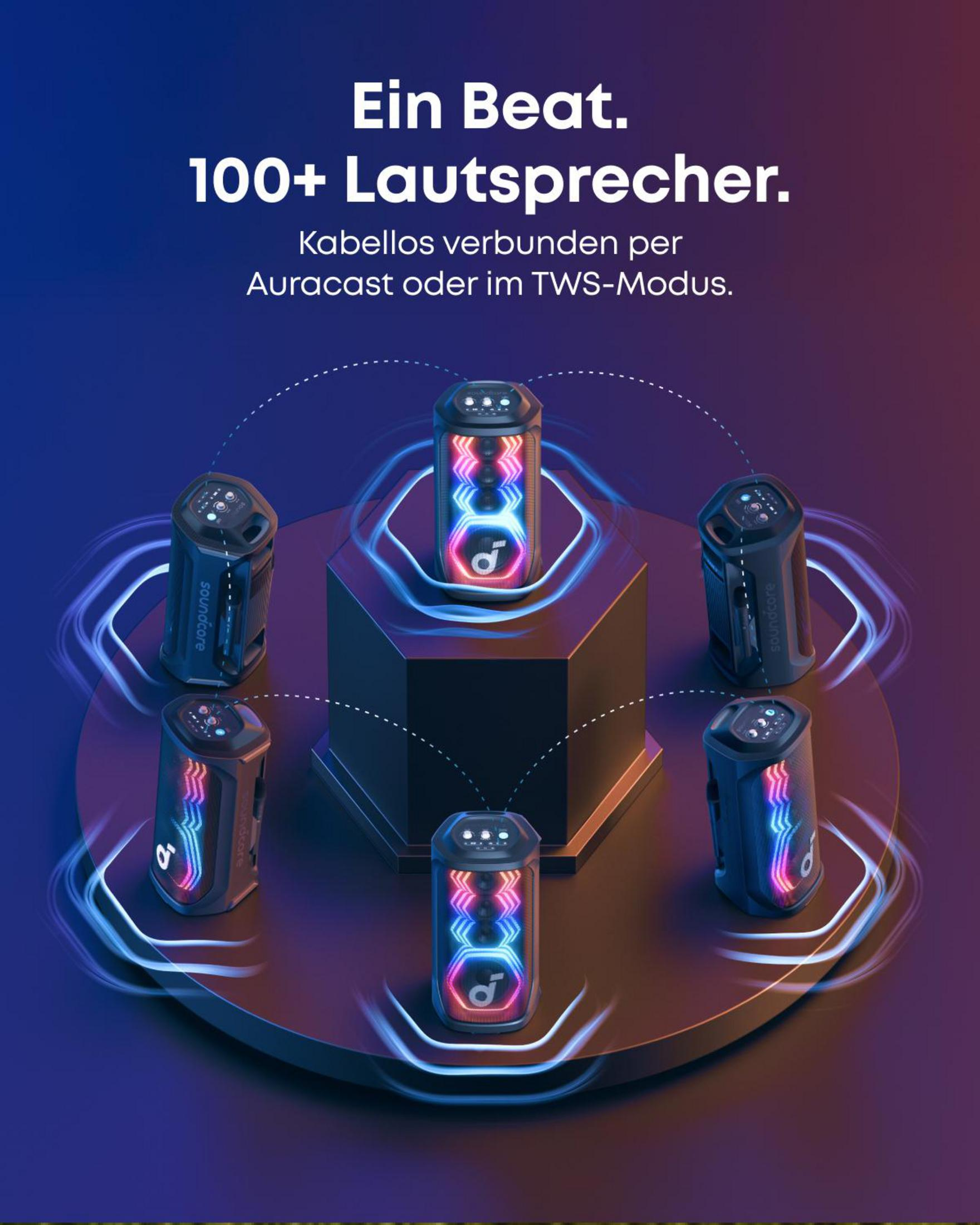 Mehrere Soundcore-Lautsprecher mit Lichtern sind drahtlos verbunden.
